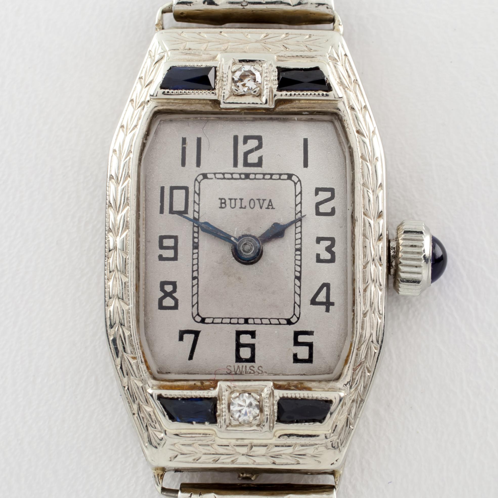 Bulova Damen Vintage 14k Weißgold Hand-Winding-Uhr mit grauem Kordelband (Art déco) im Angebot
