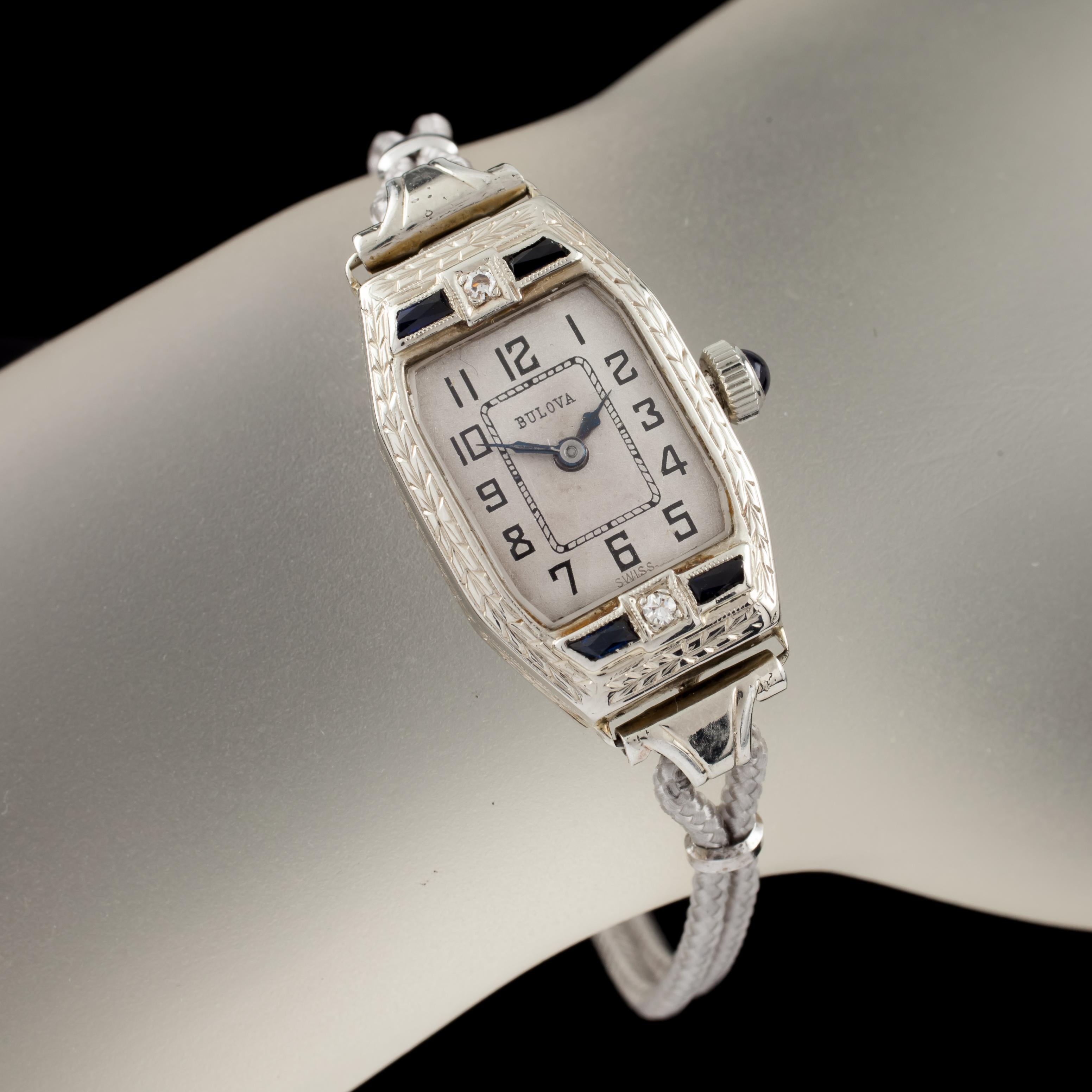 Mixed Cut Bulova Women's Vintage 14k White Gold Hand-Winding Watch w/ Gray Cord Band For Sale