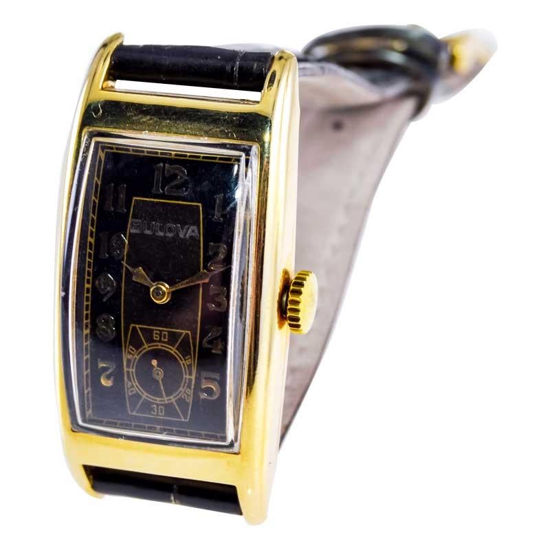 Women's or Men's Bulova Yellow Gold Art Deco Style Manual Wind Watch For Sale