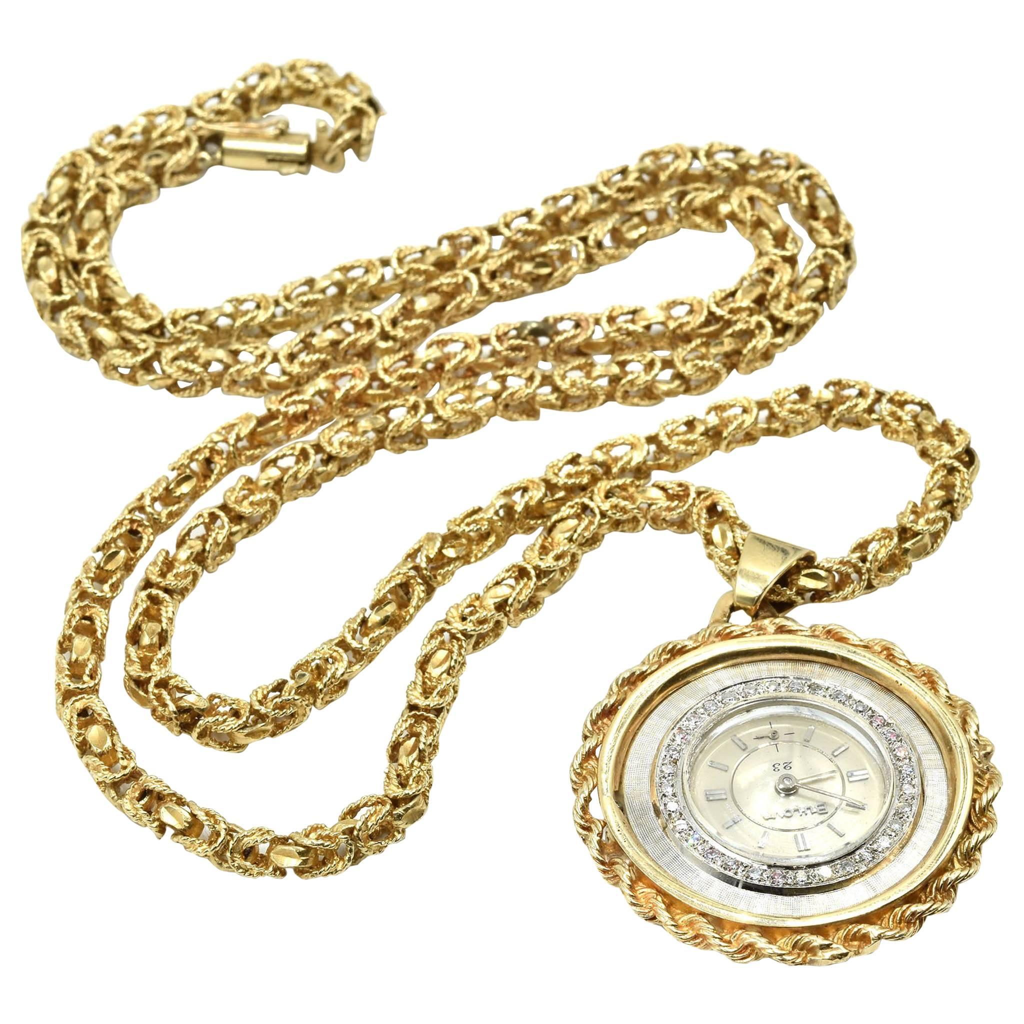 Bulova Yellow Gold Diamond Vintage Pendant Watch on Yellow Gold Chain