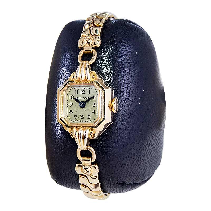 Women's Bulova Yellow Gold Filled Art Deco Ladies Watch with Original Bracelet from 1940