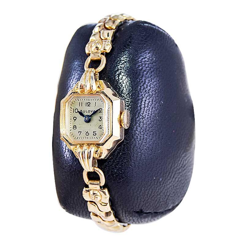 Bulova Yellow Gold Filled Art Deco Ladies Watch with Original Bracelet from 1940 1