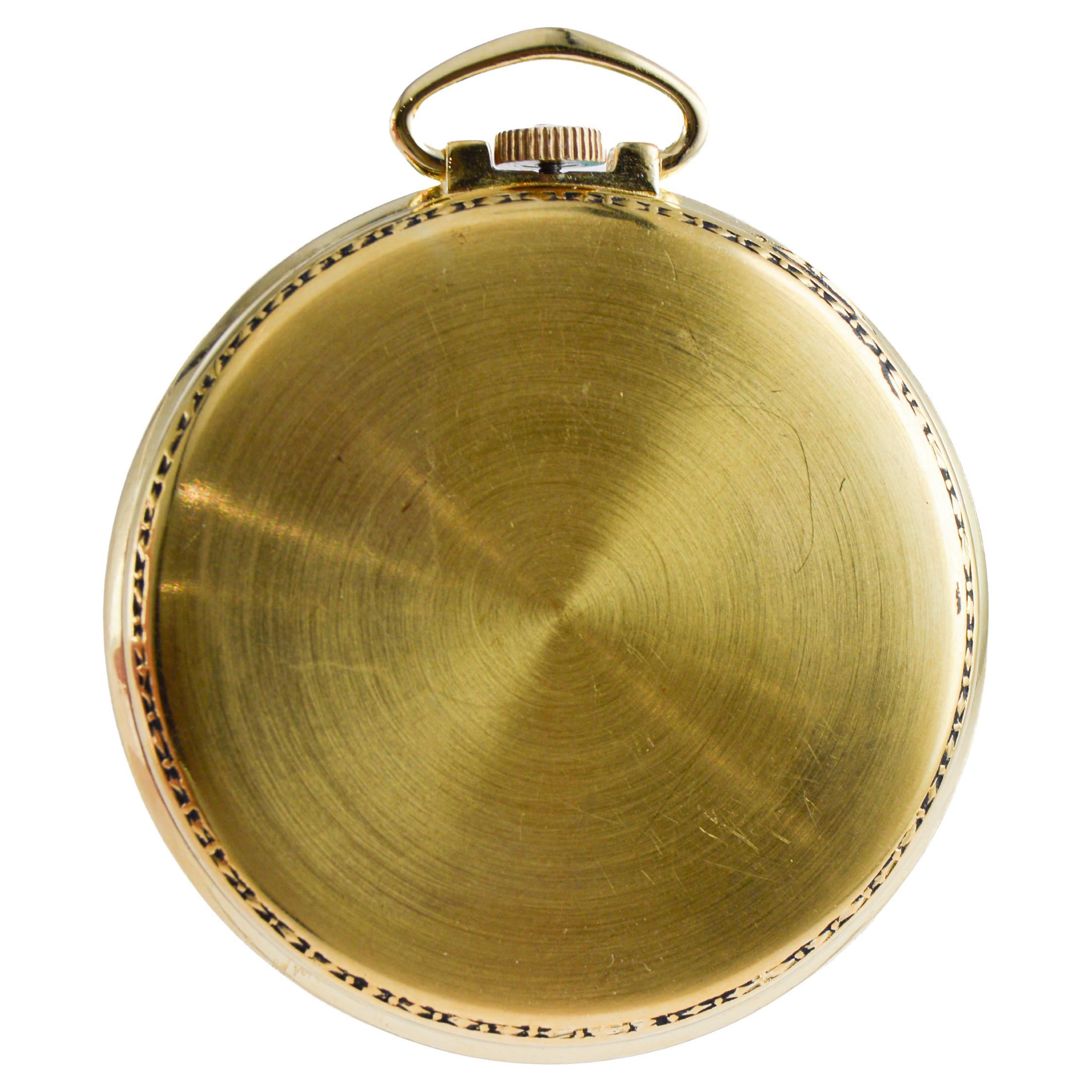 Bulova Yellow Gold Filled Art Deco Pocket Watch circa 1940's with Flawless Dial For Sale 6