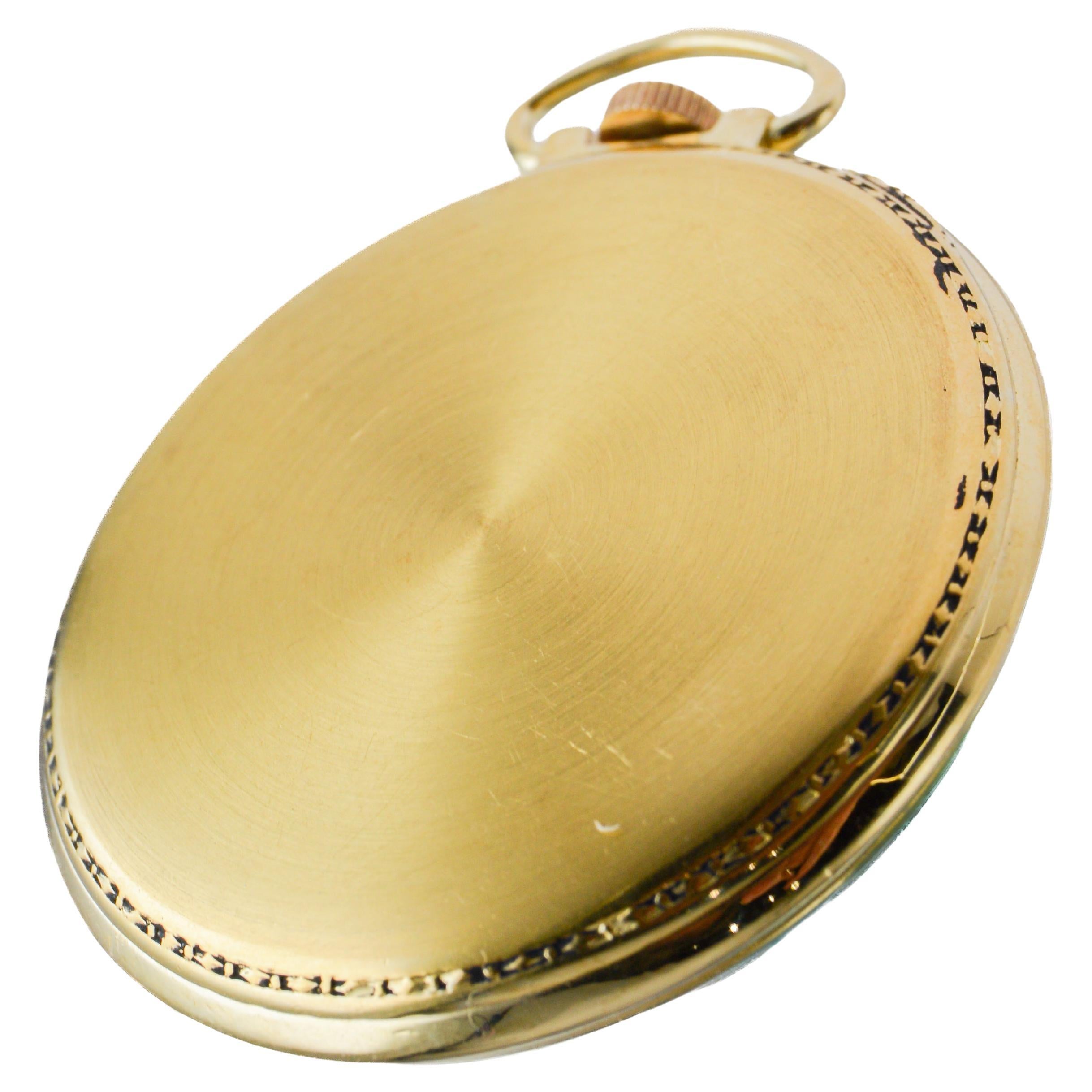 Bulova Yellow Gold Filled Art Deco Pocket Watch circa 1940's with Flawless Dial For Sale 9