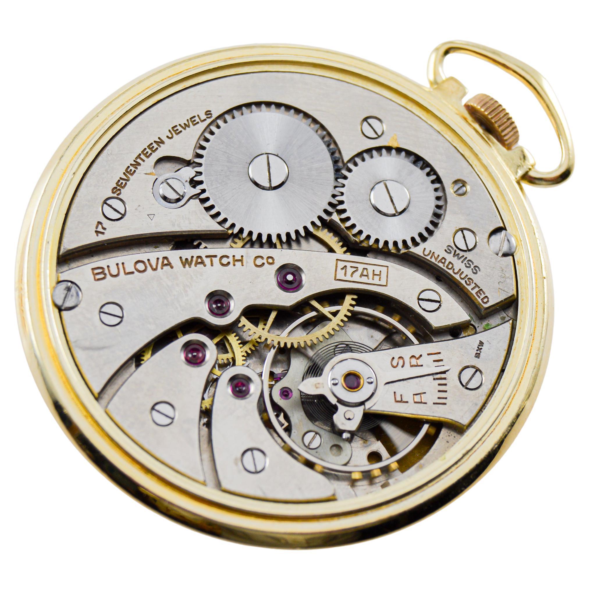 Bulova Yellow Gold Filled Art Deco Pocket Watch circa 1940's with Flawless Dial For Sale 11