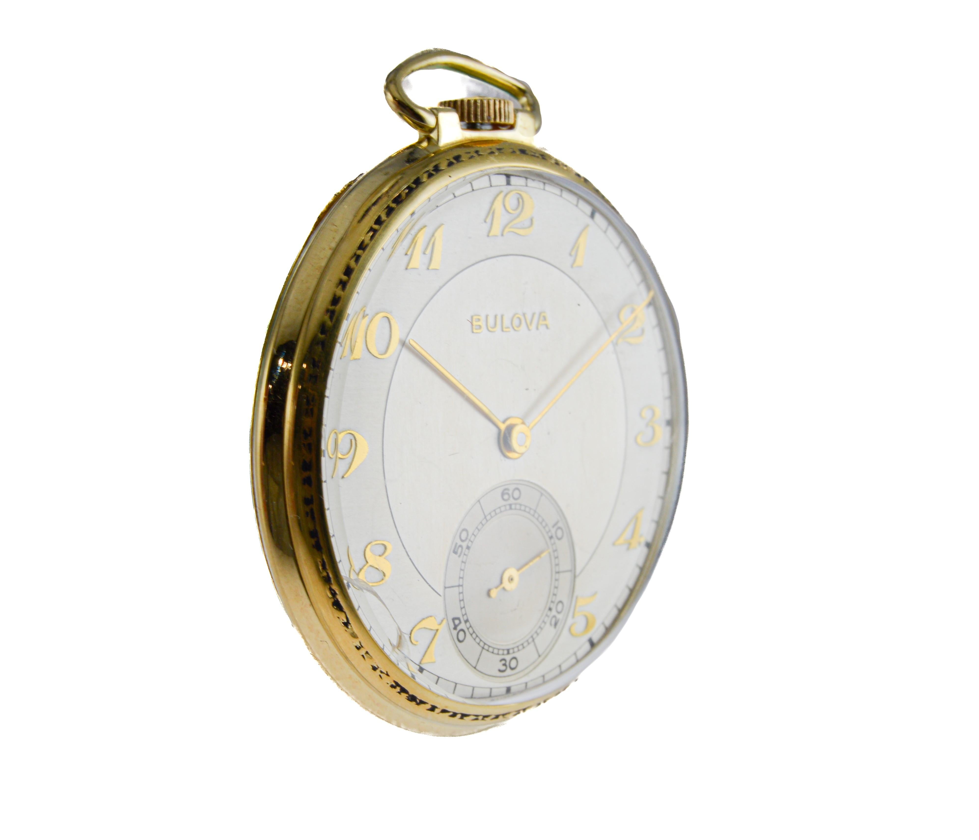 Women's or Men's Bulova Yellow Gold Filled Art Deco Pocket Watch circa 1940's with Flawless Dial For Sale