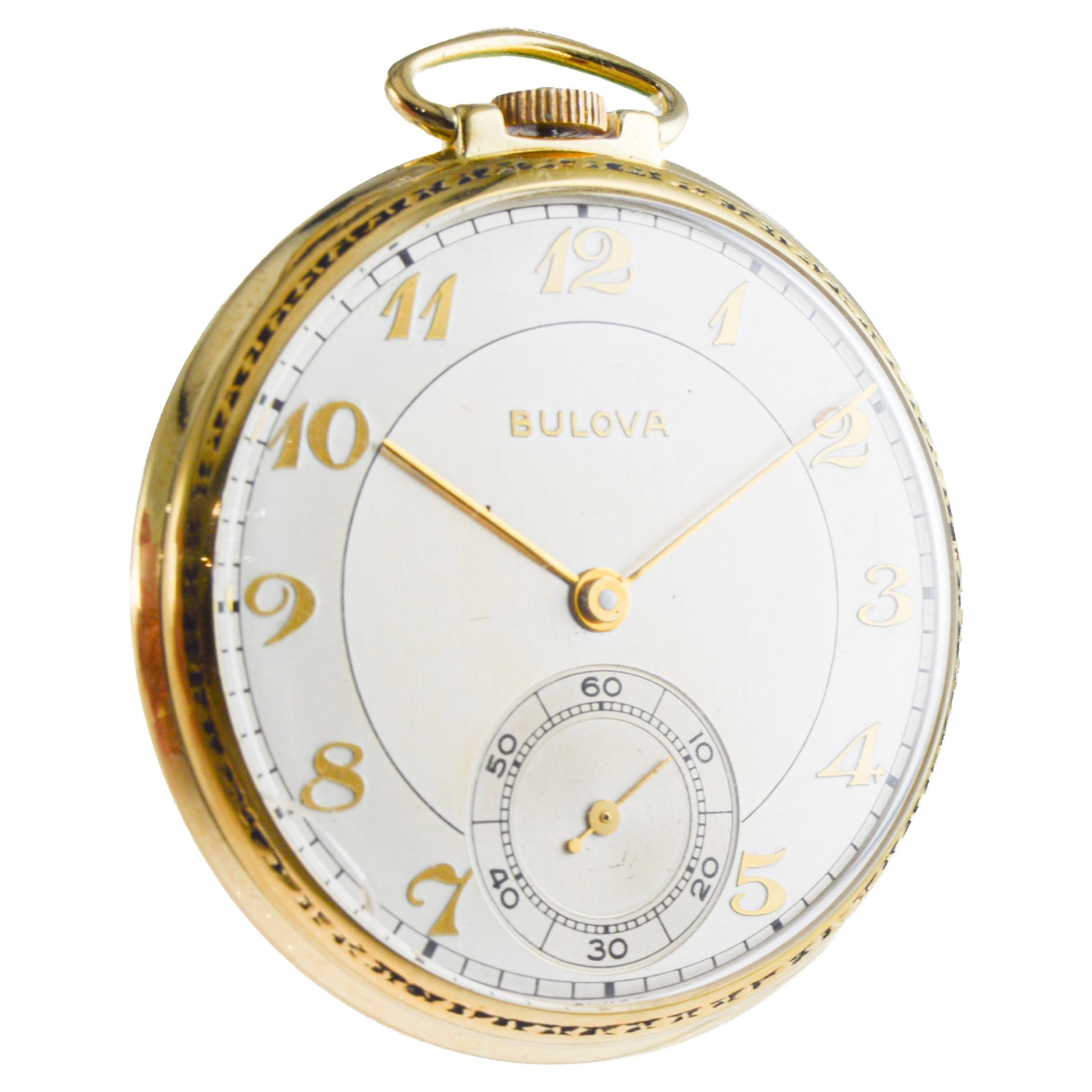 Bulova Yellow Gold Filled Art Deco Pocket Watch circa 1940's with Flawless Dial For Sale 1