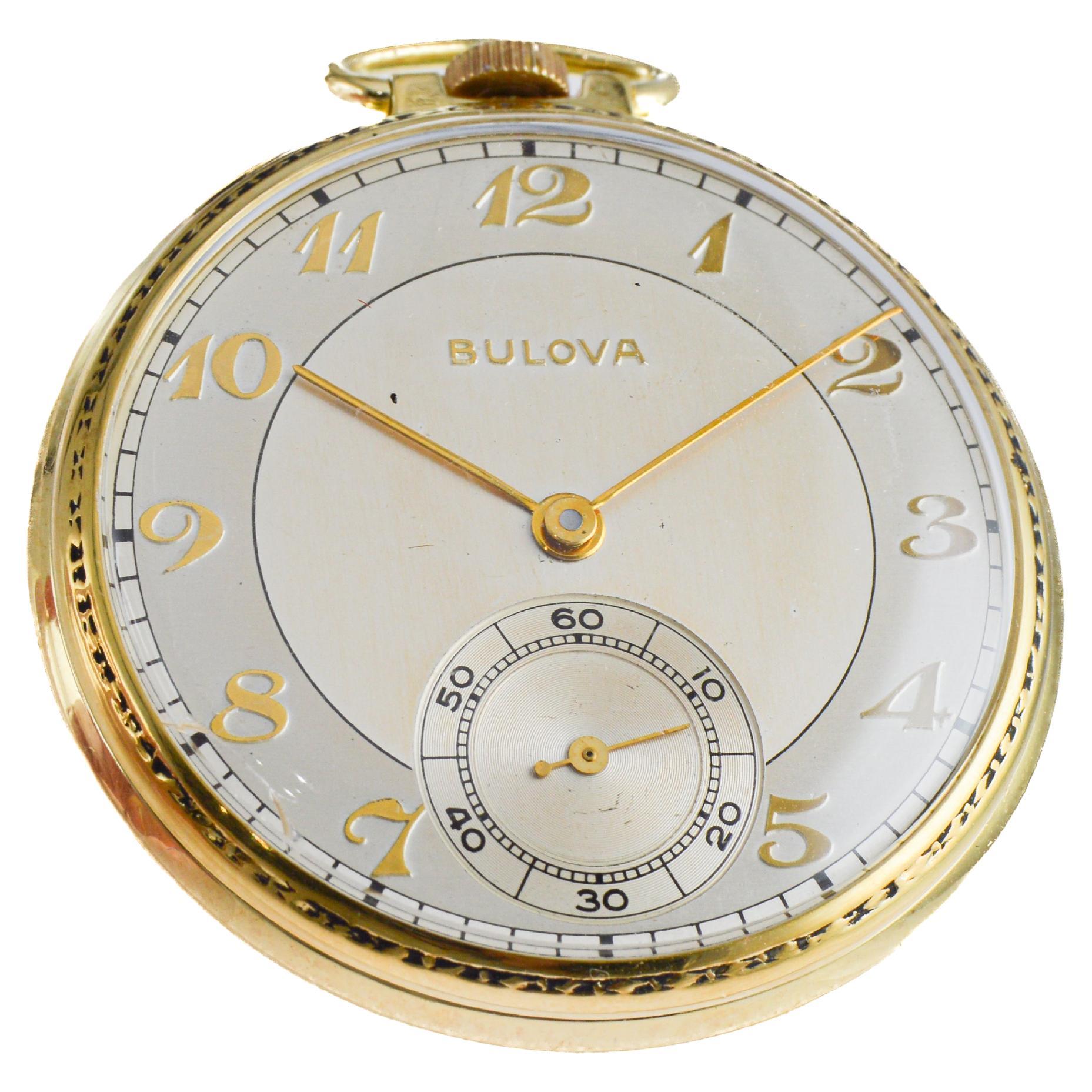 Bulova Yellow Gold Filled Art Deco Pocket Watch circa 1940's with Flawless Dial For Sale 2