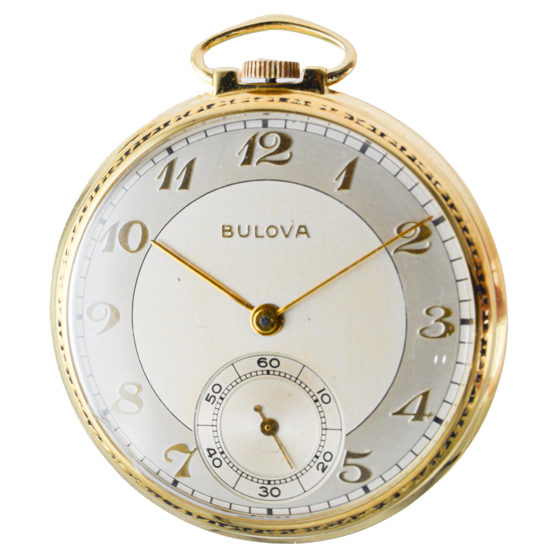 Bulova Yellow Gold Filled Art Deco Pocket Watch circa 1940's with Flawless Dial For Sale 3