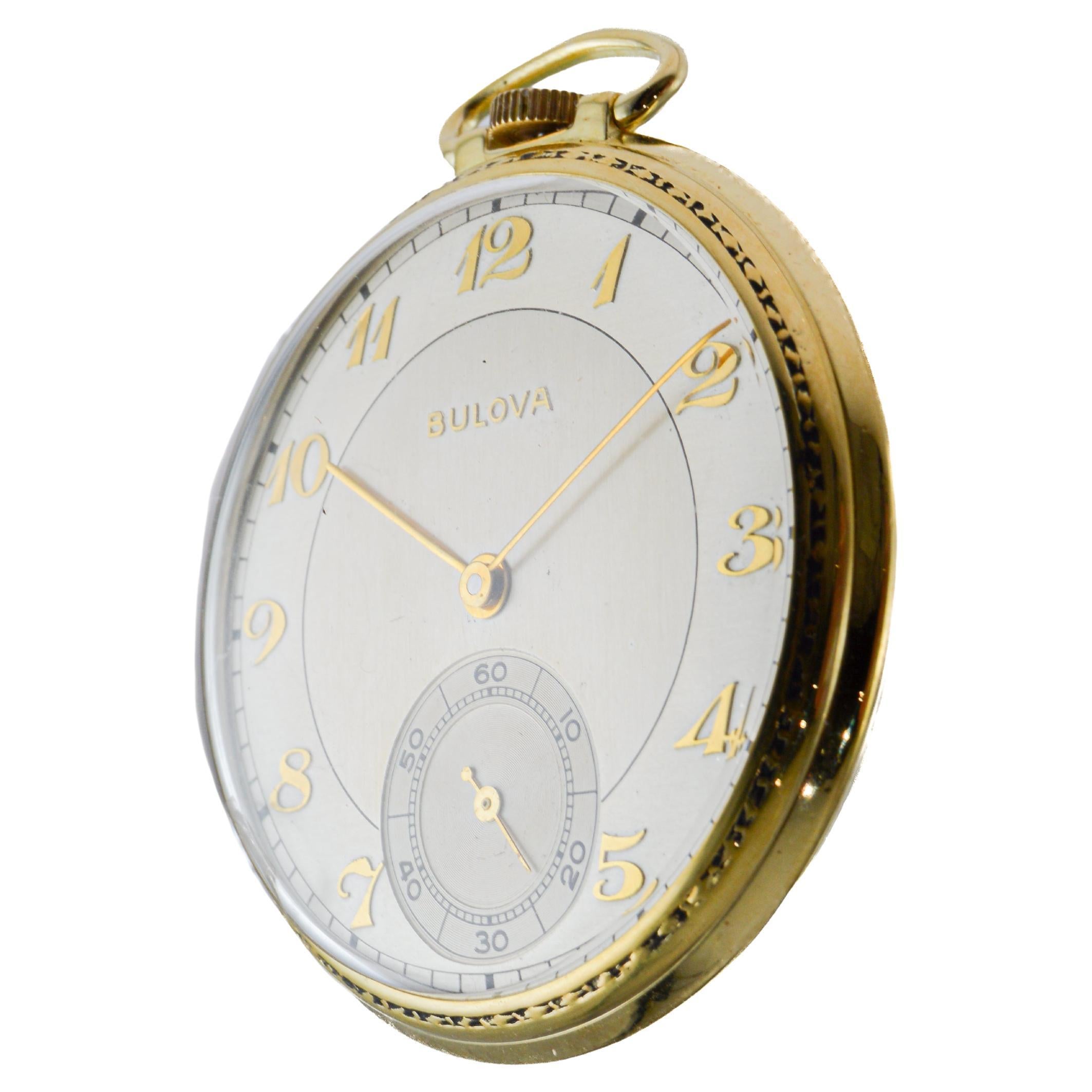 Bulova Yellow Gold Filled Art Deco Pocket Watch circa 1940's with Flawless Dial For Sale 4