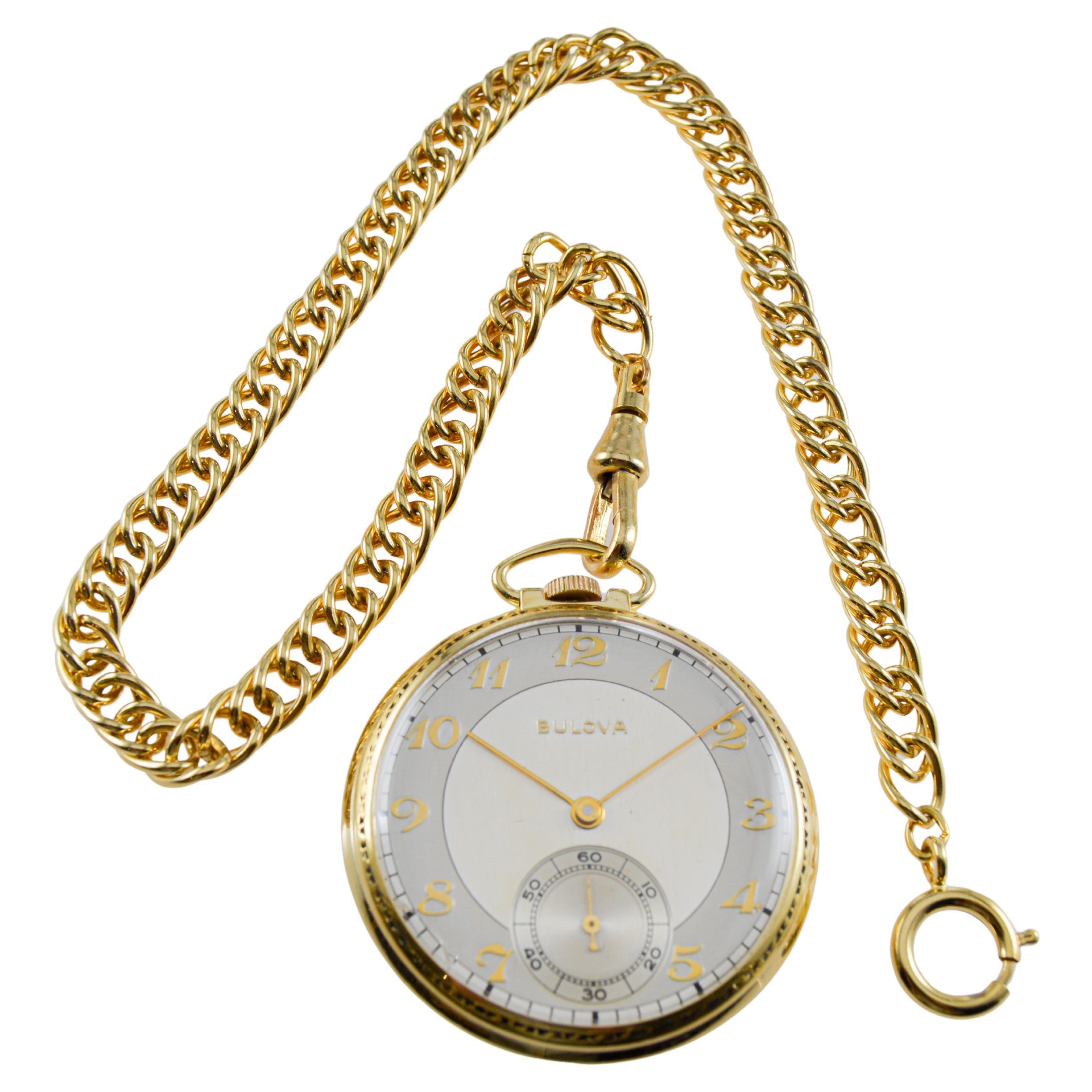 Bulova Yellow Gold Filled Art Deco Pocket Watch circa 1940
s with Flawless Dial For Sale