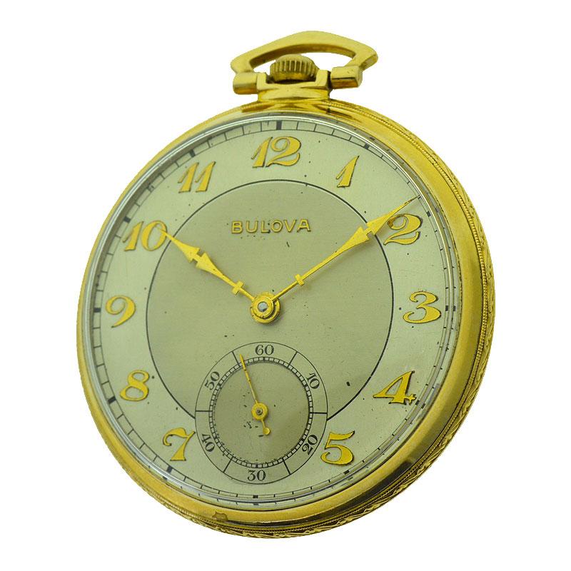 FACTORY / HOUSE: Bulova Watch Co.
STYLE / REFERENCE:
METAL / MATERIAL:  Gold Filled
CIRCA / YEAR: 1930's
DIMENSIONS / SIZE: Diameter 44mm
MOVEMENT / CALIBER: Manual Winding / 21 Jewels / 17 AE
DIAL / HANDS: Original Two Tone Silvered with Arabic