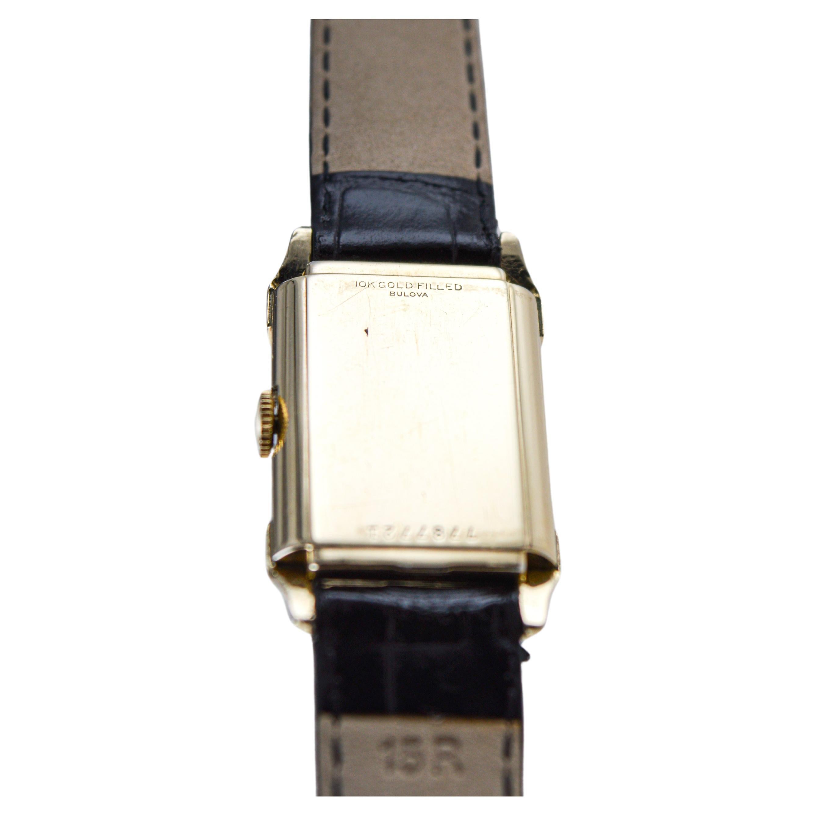 Bulova Yellow Gold Filled Art Deco Tank Watch with Original Dial from 1950's For Sale 3