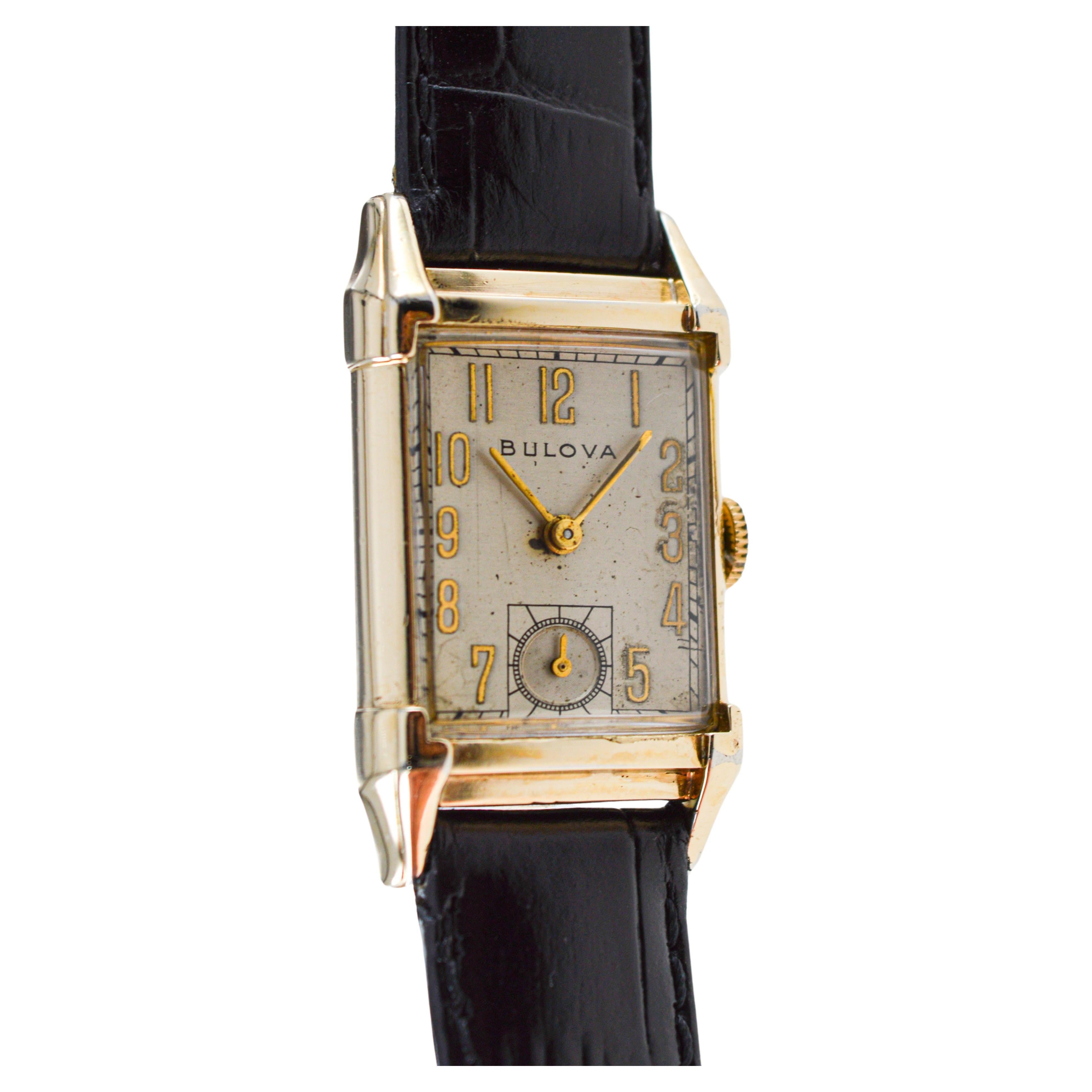 Bulova Gelbgold gefüllt Art Deco Tank Uhr mit Original-Zifferblatt aus den 1950er Jahren für Damen oder Herren im Angebot
