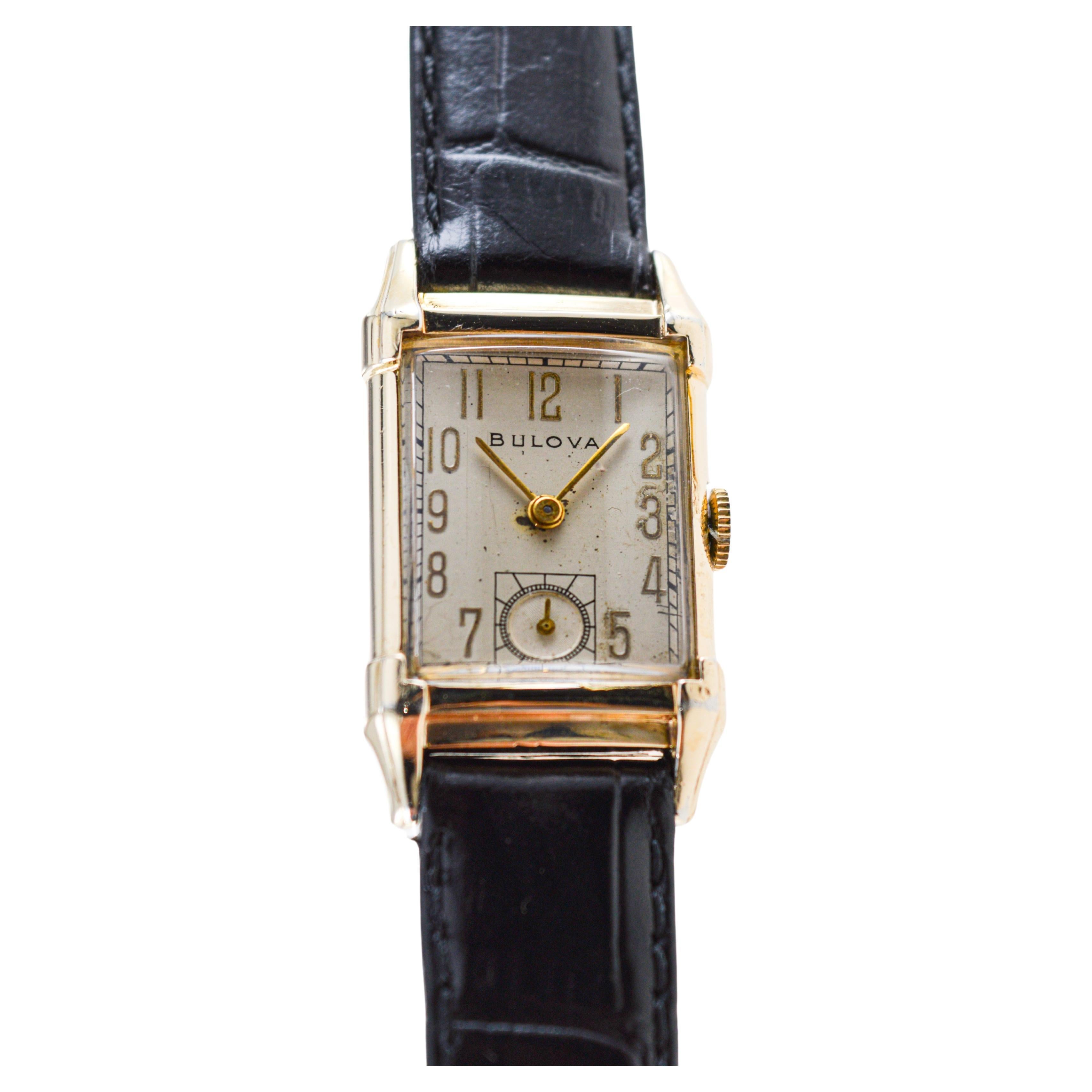 Bulova Yellow Gold Filled Art Deco Tank Watch with Original Dial from 1950's In Excellent Condition For Sale In Long Beach, CA