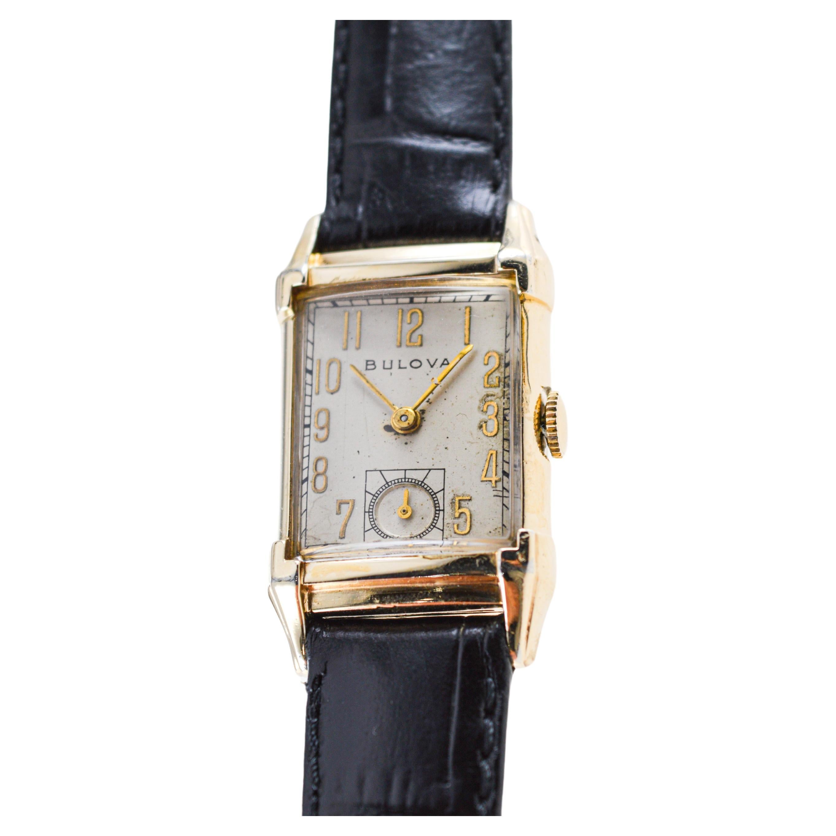 Women's or Men's Bulova Yellow Gold Filled Art Deco Tank Watch with Original Dial from 1950's For Sale