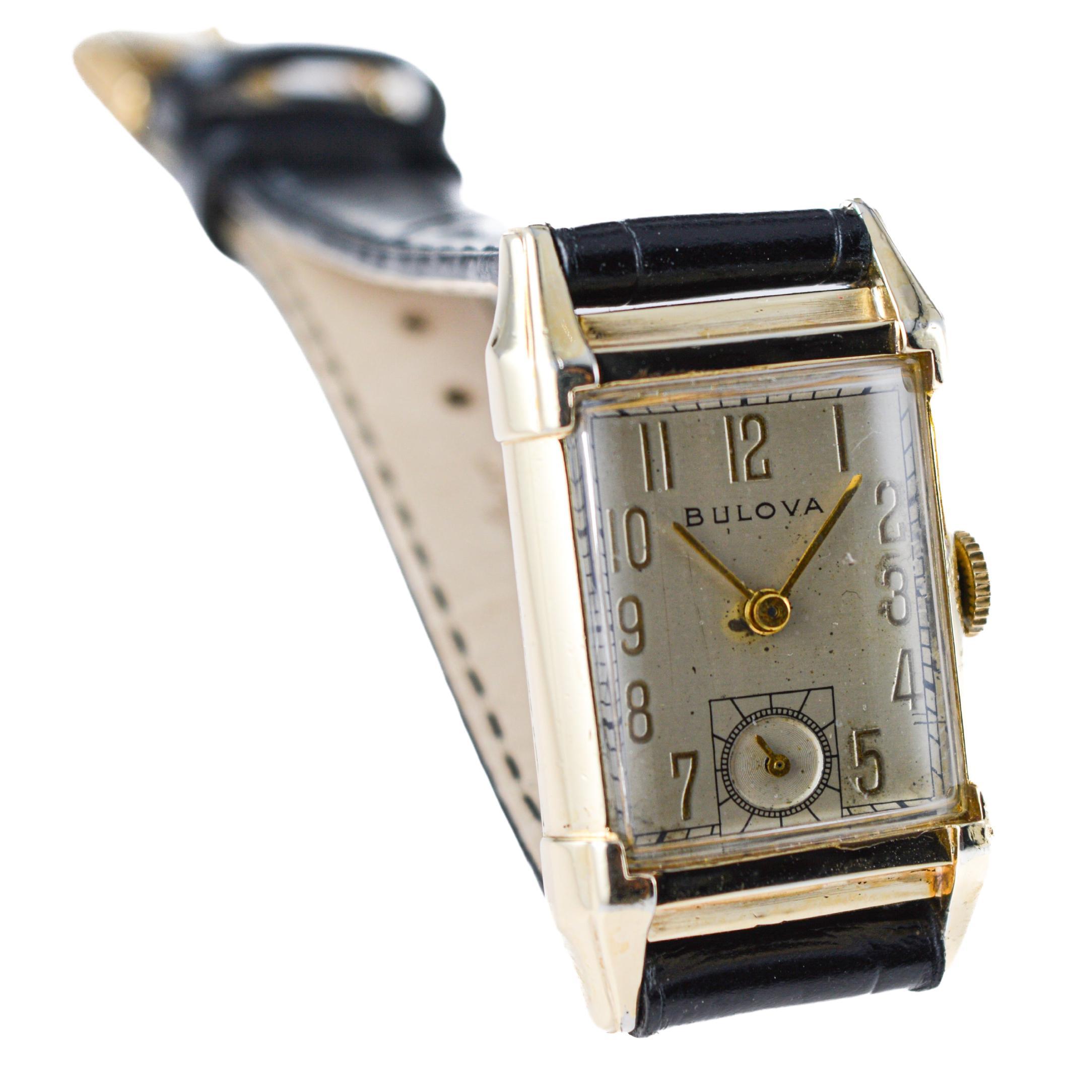 Bulova Yellow Gold Filled Art Deco Tank Watch with Original Dial from 1950's For Sale 1