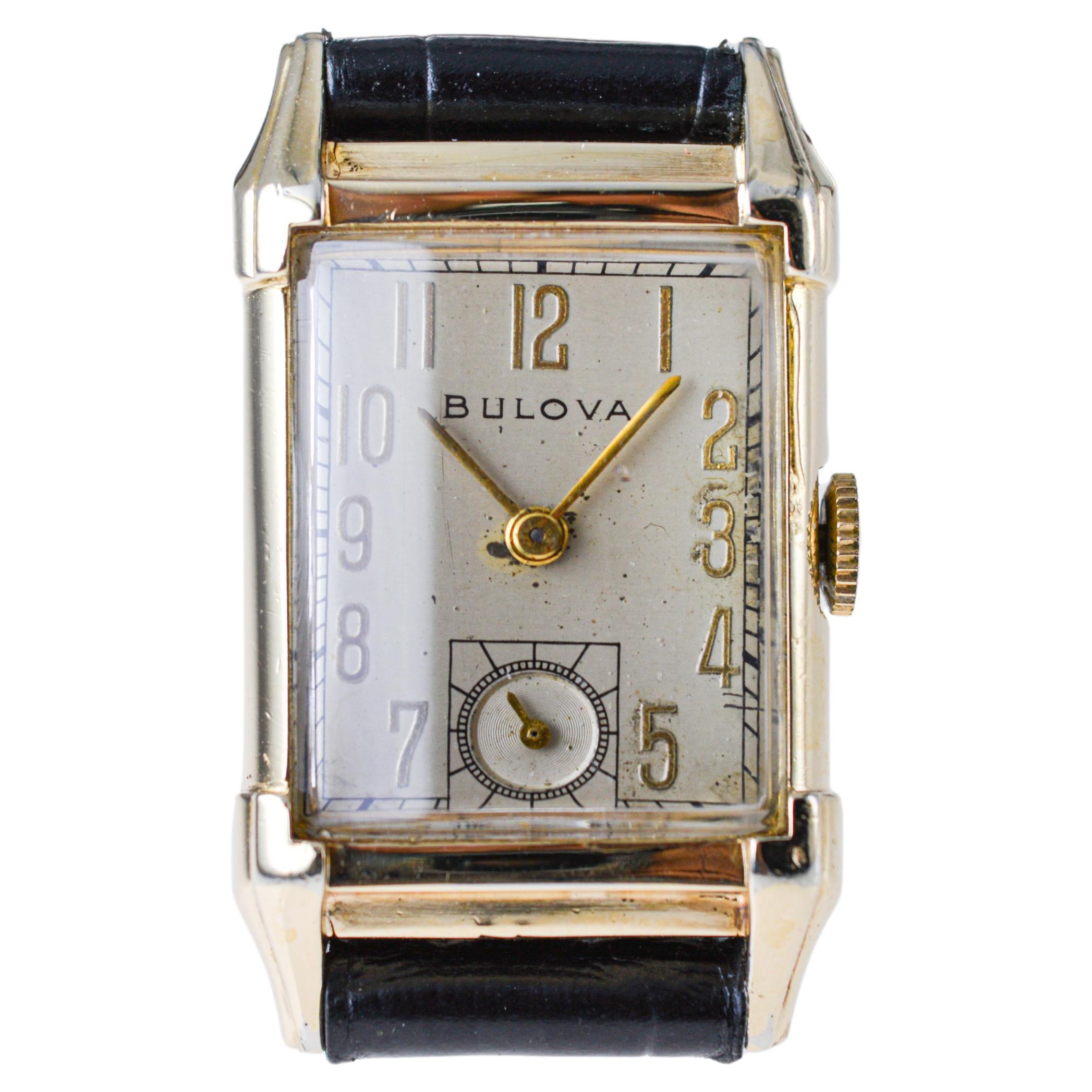 Bulova Yellow Gold Filled Art Deco Tank Watch with Original Dial from 1950's For Sale 2