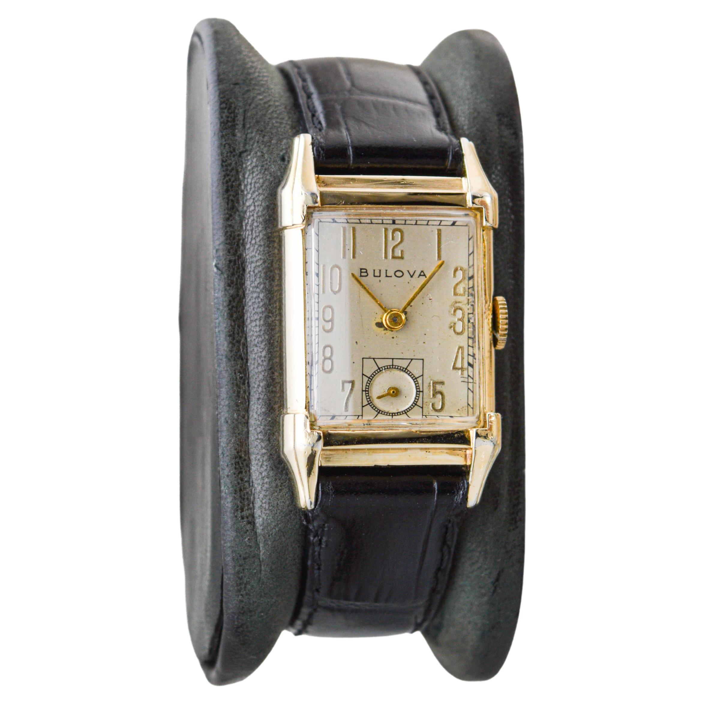 Bulova Yellow Gold Filled Art Deco Tank Watch with Original Dial from 1950's For Sale