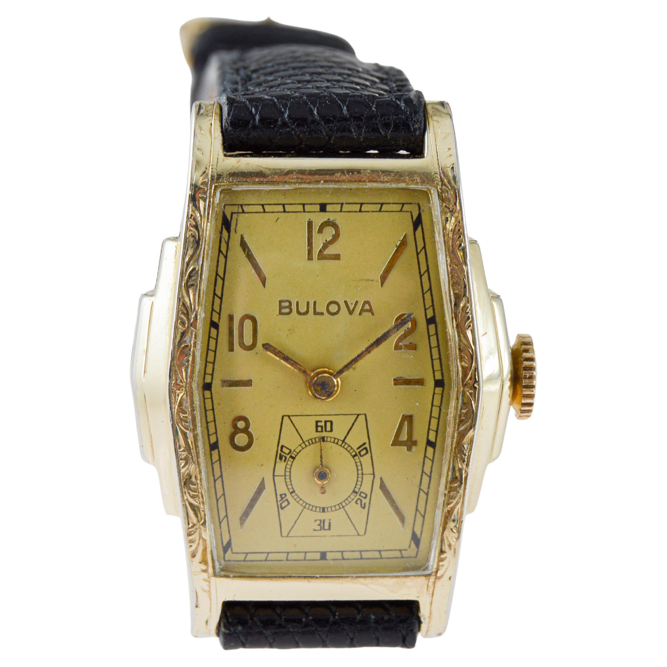 Bulova Yellow Gold Filled Art Deco Watch circa 1940 with Original Dial en vente 6