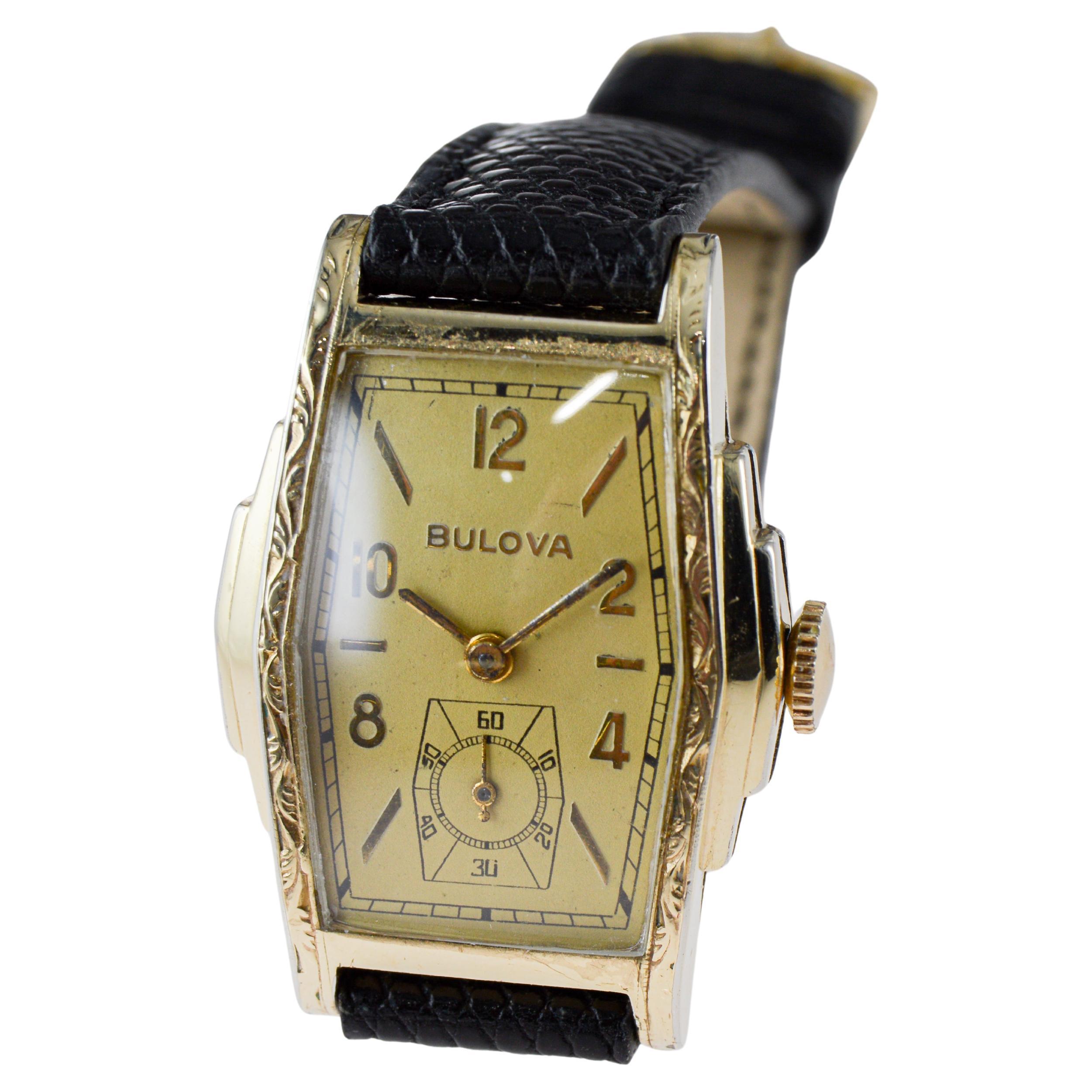 Bulova Yellow Gold Filled Art Deco Watch circa 1940 with Original Dial en vente 7
