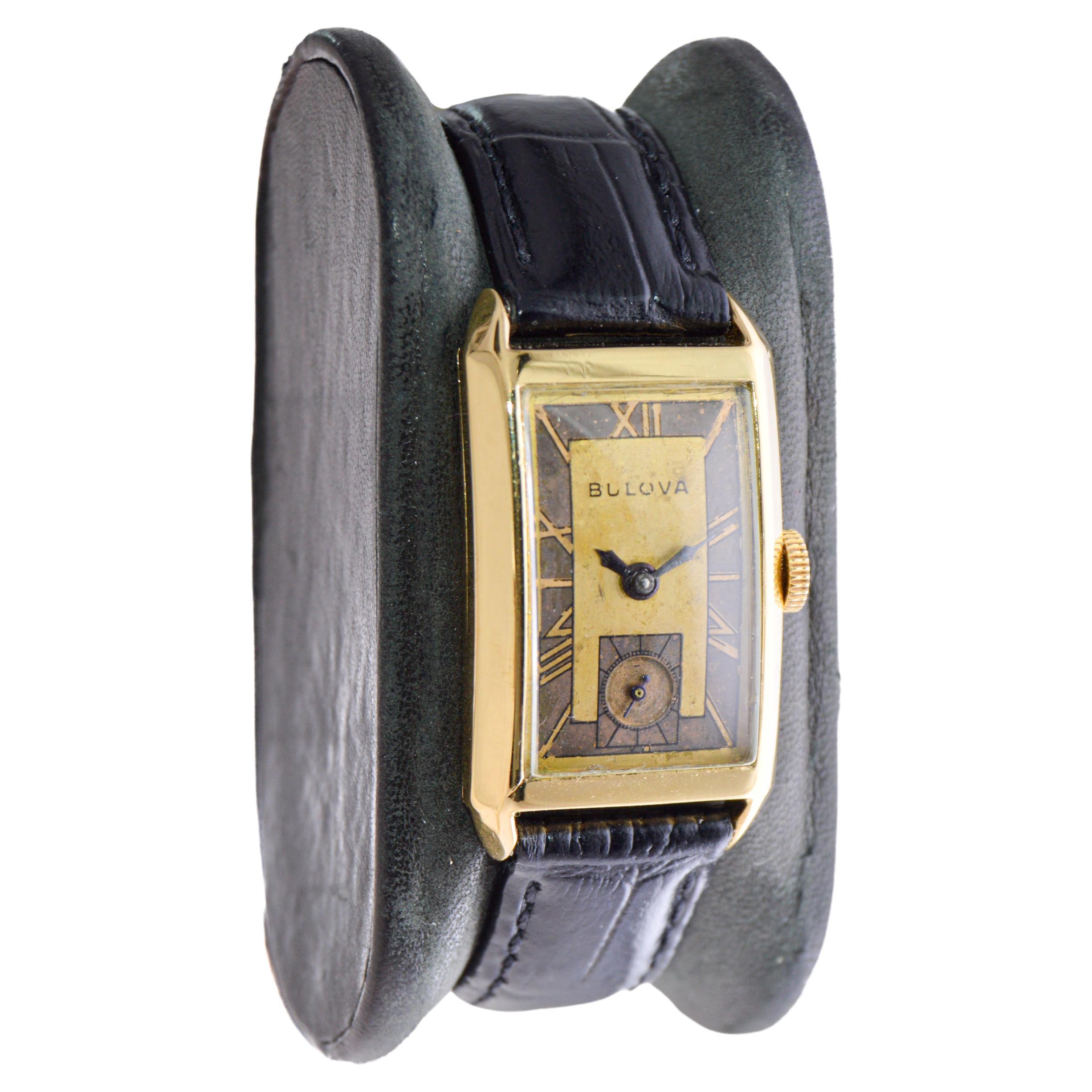 FACTORY / HOUSE: Bulova Watch Company
STYLE / REFERENCE: Art Deco / Curvex Style 
METAL / MATERIAL: Yellow Gold Filled
CIRCA / YEAR: 1940's
DIMENSIONS / SIZE: Length 36mm X Width 20mm
MOVEMENT / CALIBER: Manual Winding / 21 Jewels / Caliber 7AP
DIAL
