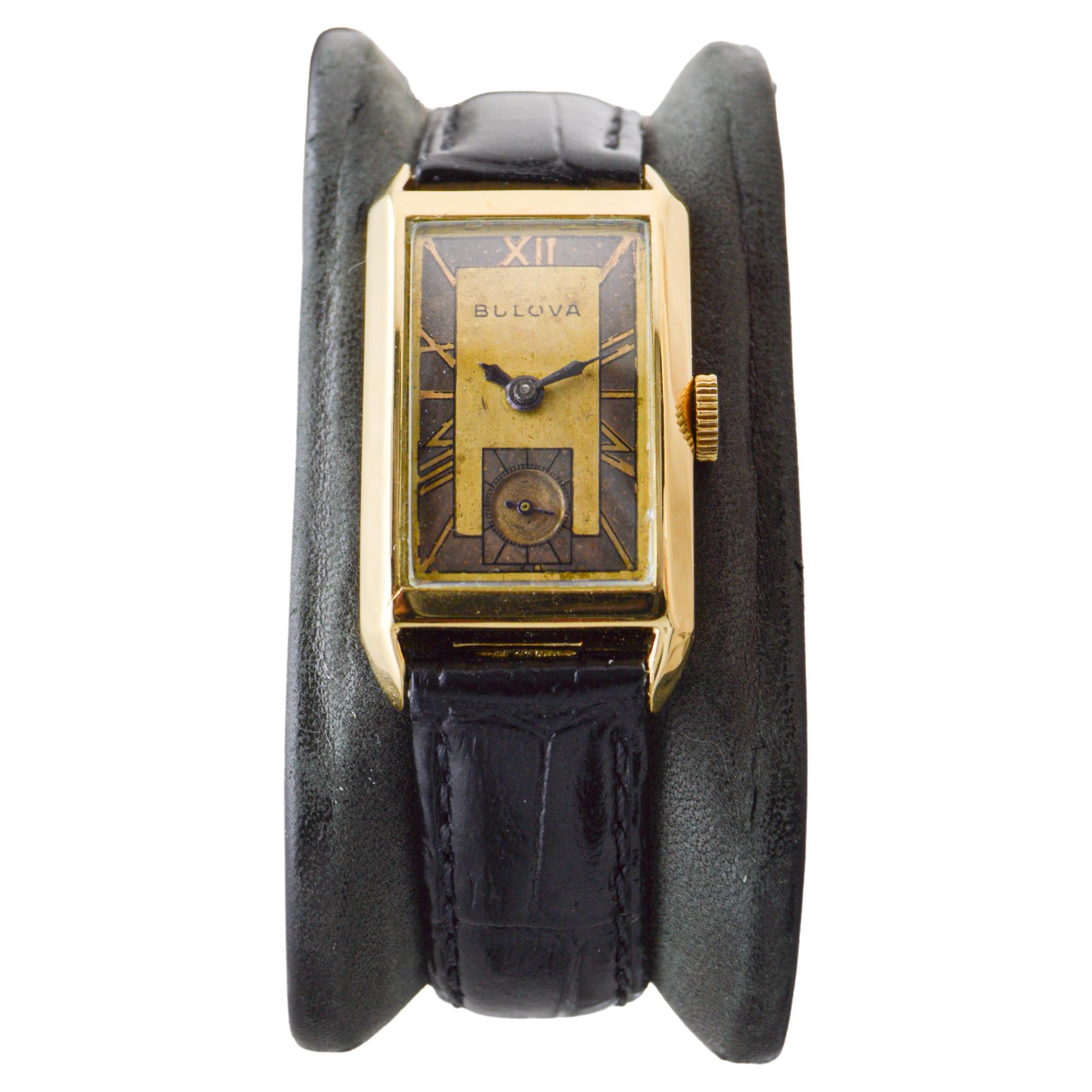 Bulova Gelbgold gefüllte Art Deco Uhr circa 1940er Jahre mit Original-Zifferblatt  (Art déco) im Angebot