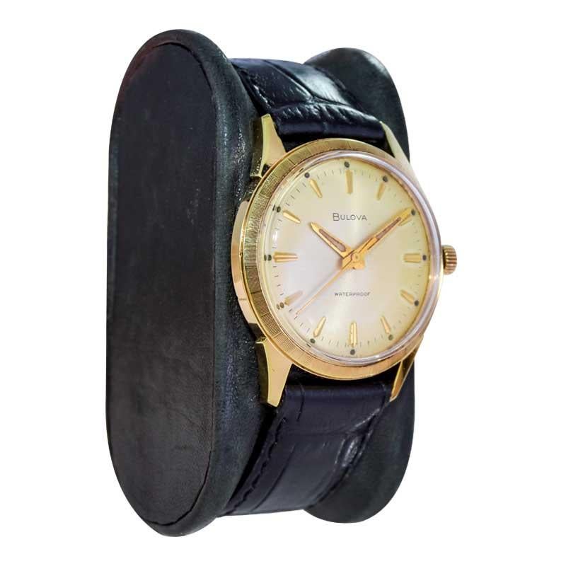 FACTORY / HOUSE: Bulova Watch Company
STYLE / REFERENCE: Dress Watch
METAL / MATERIAL: Yellow Gold Filled 
CIRCA / YEAR: 1960s's
DIMENSIONS / SIZE: Length 38mm X Diameter 32mm
MOVEMENT / CALIBER: Manual Winding / 17 Jewels 
DIAL / HANDS: Original