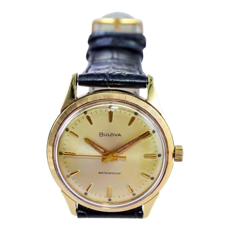 Women's or Men's Bulova Yellow Gold Filled Art Deco Watch with Original Dial from 1960's For Sale