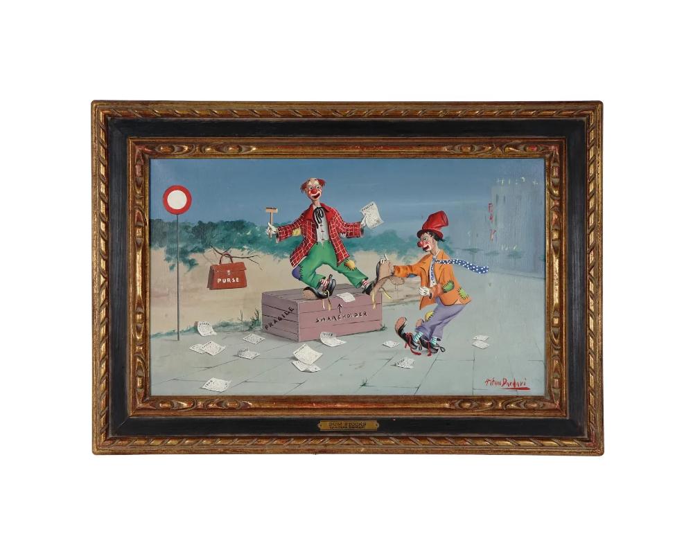 Peinture à l'huile sur toile représentant deux clowns dans la rue imitant un marché boursier. Signé Alfano Dardari en bas à droite. Titré Bum Stocks sur le cadre. Marque au dos : Tous les droits de reproduction de ce tableau sont réservés à Bernice