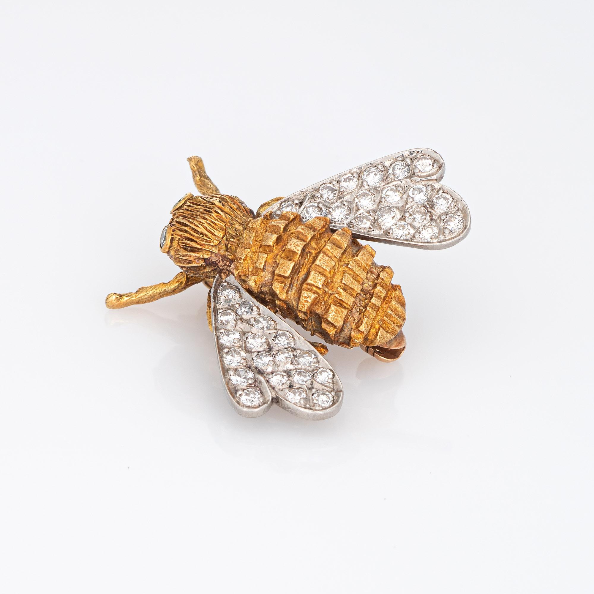 Finely detailed vintage diamond bumble bee brooch, crafted in 18 karat yellow gold.  

Round brilliant cut diamonds total an estimated 0.50 carats 9estimated at H-I color and VS1-2 clarity).    

The finely detailed bee features a textured body and
