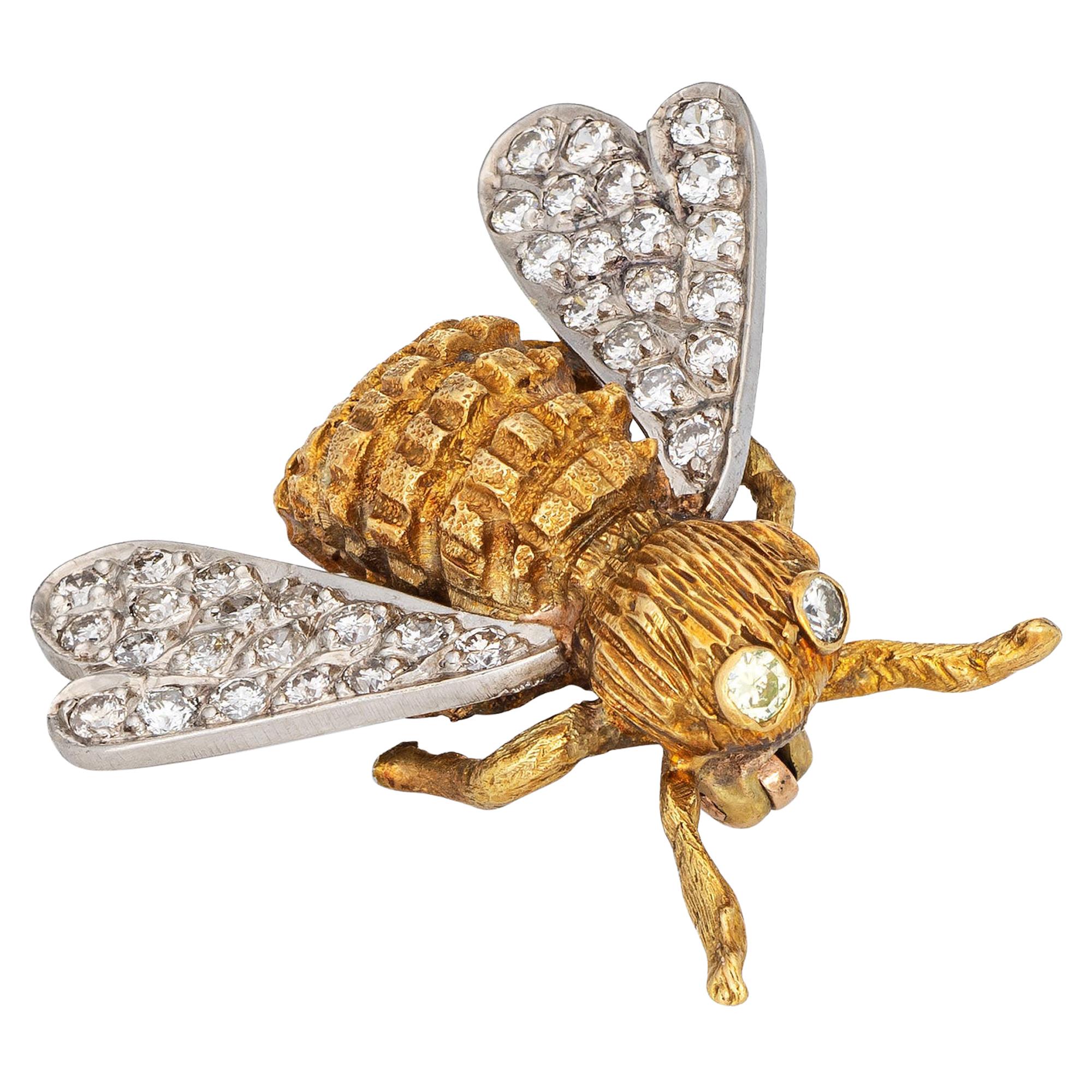 Bumble Bee Brooch Pin Diamond Wings Vintage 18k Gold Estate Insect Jewelry