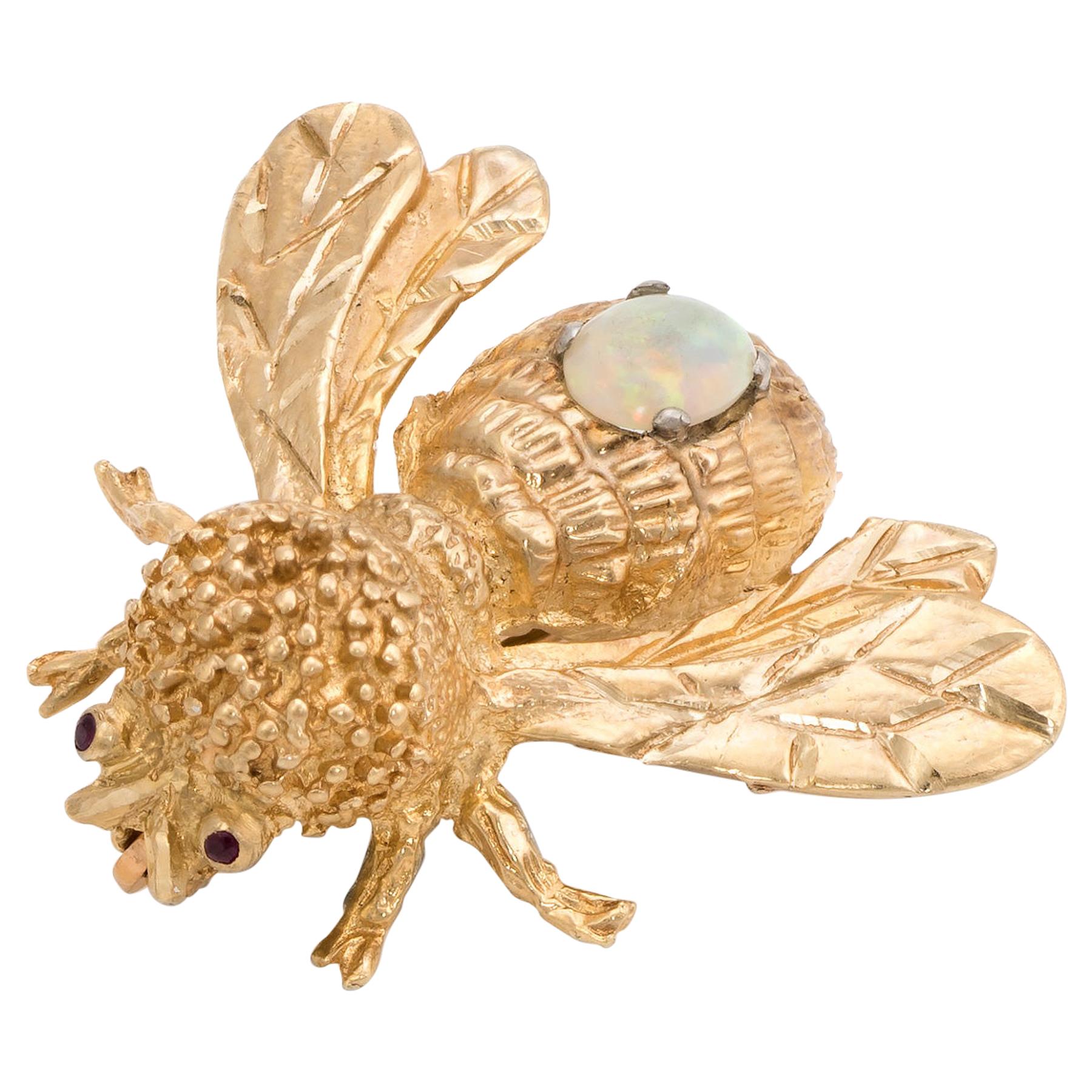 Bumble Bee Brooch Pin Opal Garnet Vintage 14 Karat Gold Estate Insect Jewelry