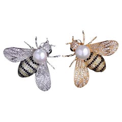 Bumble Bee Crystal and Faux Pearl Vintage Pair Brooch Pins