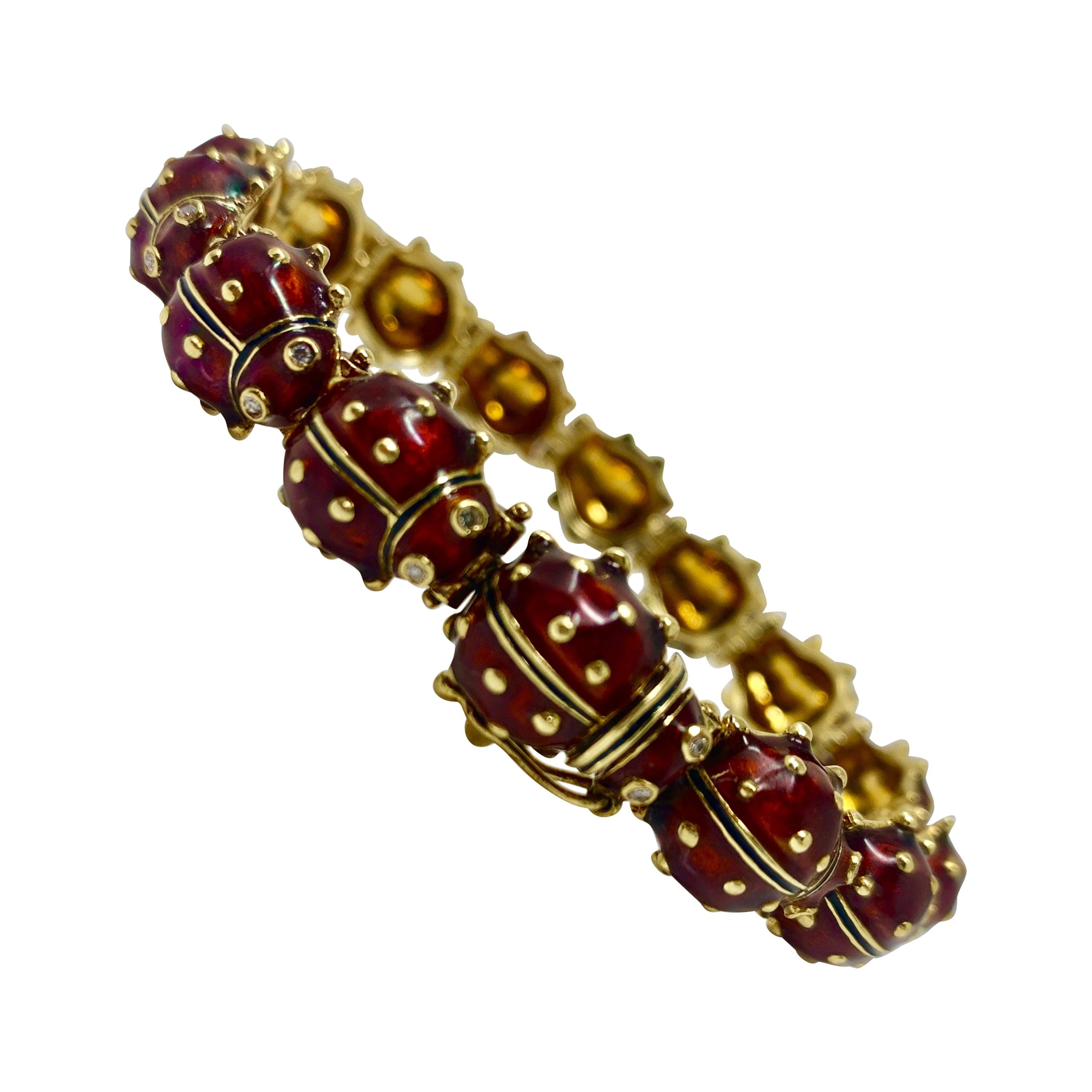 Lady Bug Diamond, Enamel and Yellow Gold Bracelet in 18 Karat For Sale