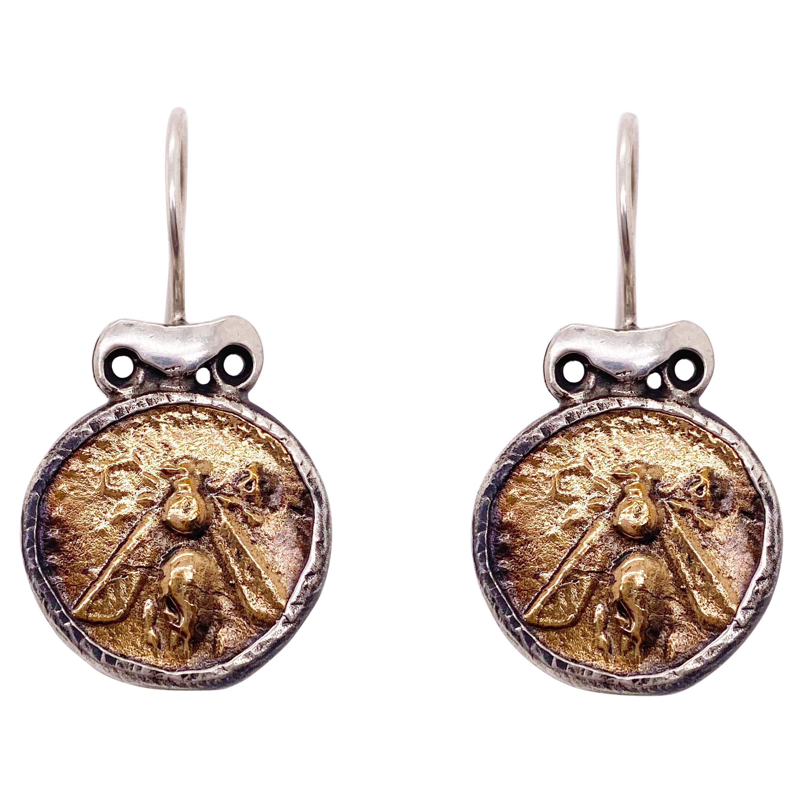 Bumble Bee Earrings w Mixed Metal Dangle Earring with Engraving of Bee For Sale
