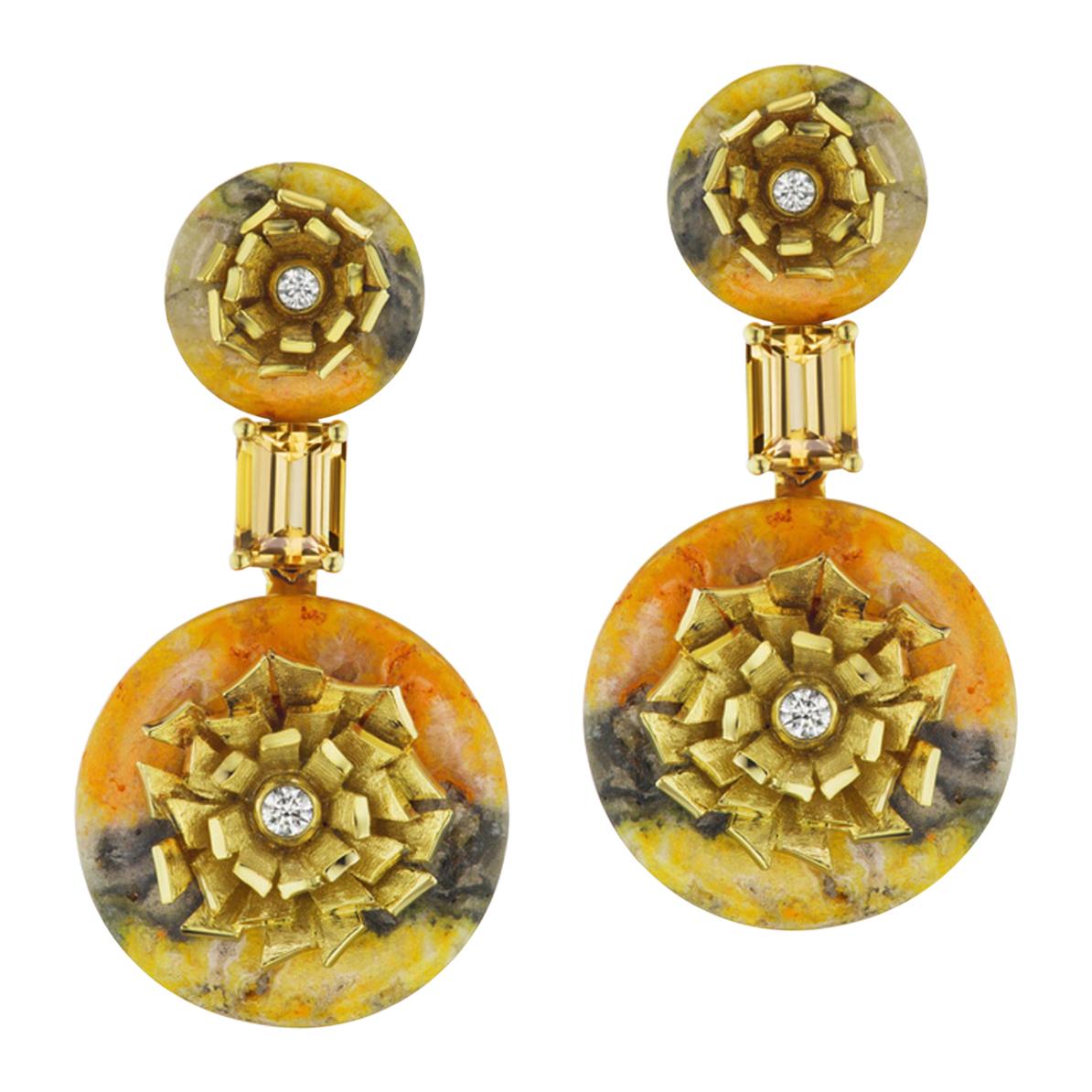 Bumble Bee Jasper and Imperial Topaz “Donut” Series Earrings by Andrew Glassford For Sale