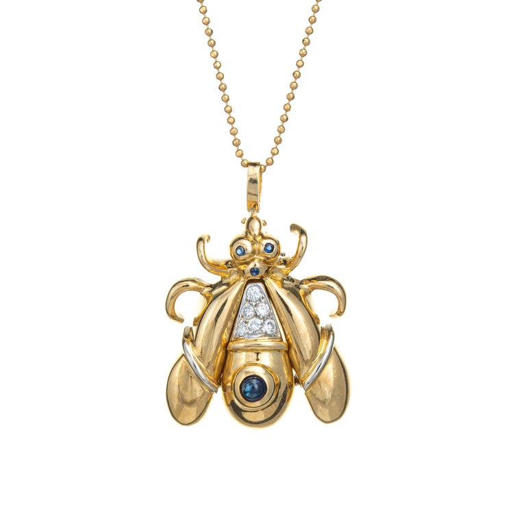 Cabochon Bumble Bee Necklace Diamond Sapphire 18k Yellow Gold Chain Estate Jewelry For Sale