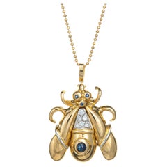 Bumble Bee Necklace Diamond Sapphire 18k Yellow Gold Chain Estate Jewelry