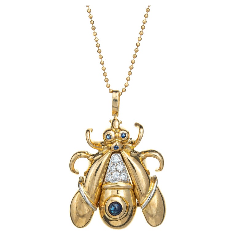 Bumble Bee Necklace Diamond Sapphire 18k Yellow Gold Chain Estate Jewelry For Sale