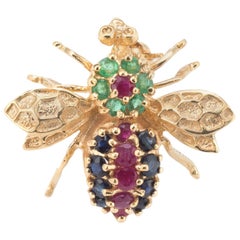 Vintage Bumble Bee Pendant Brooch Pin Emerald Ruby Sapphire