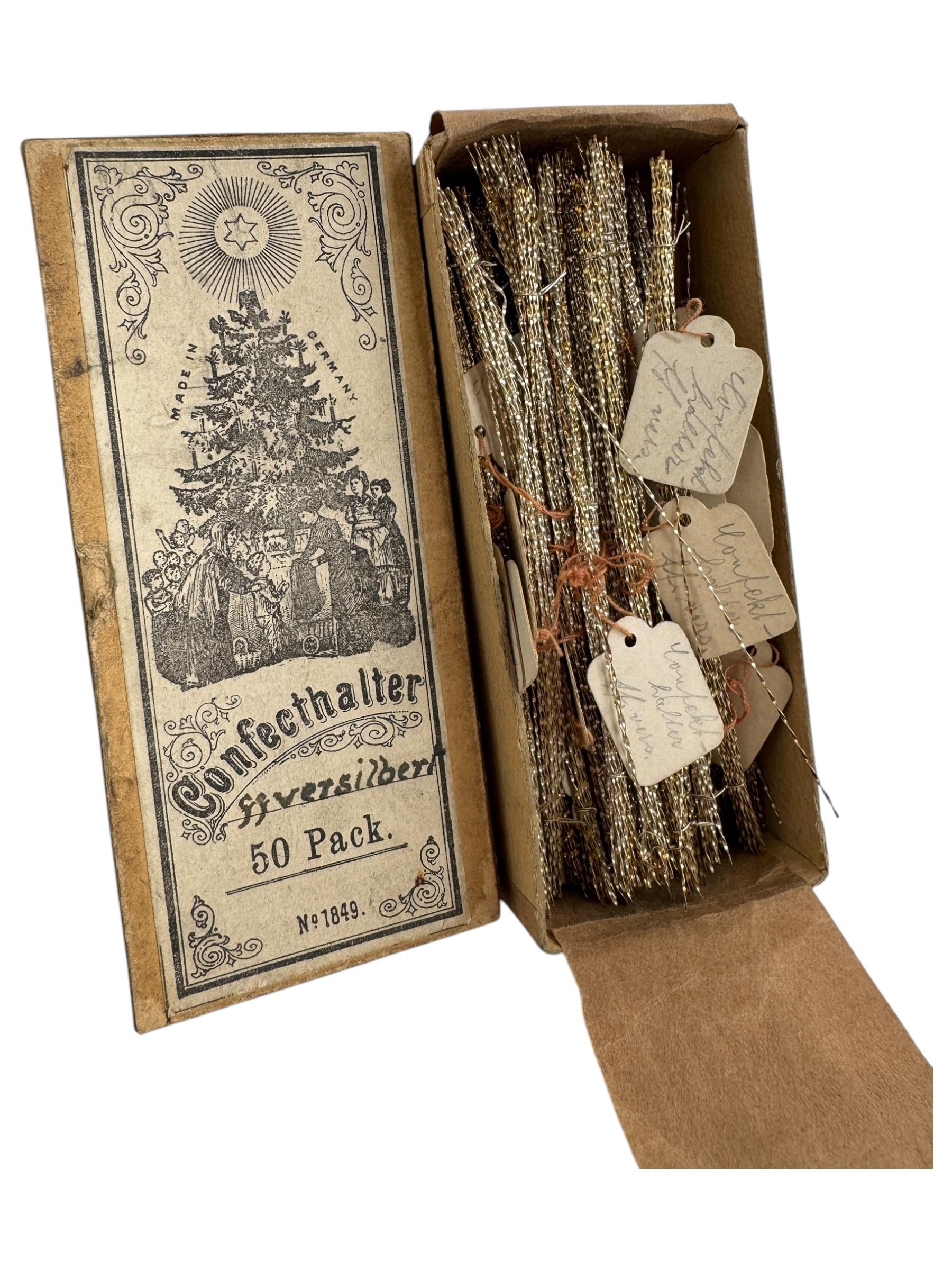 A rare original old box of Christmas ornament or Candy Holders. Each is made of silver-plated wire. Measurements given in dimensions section refers to the box. This is a bunch of 28. Never seen something like this before in original box, glad they