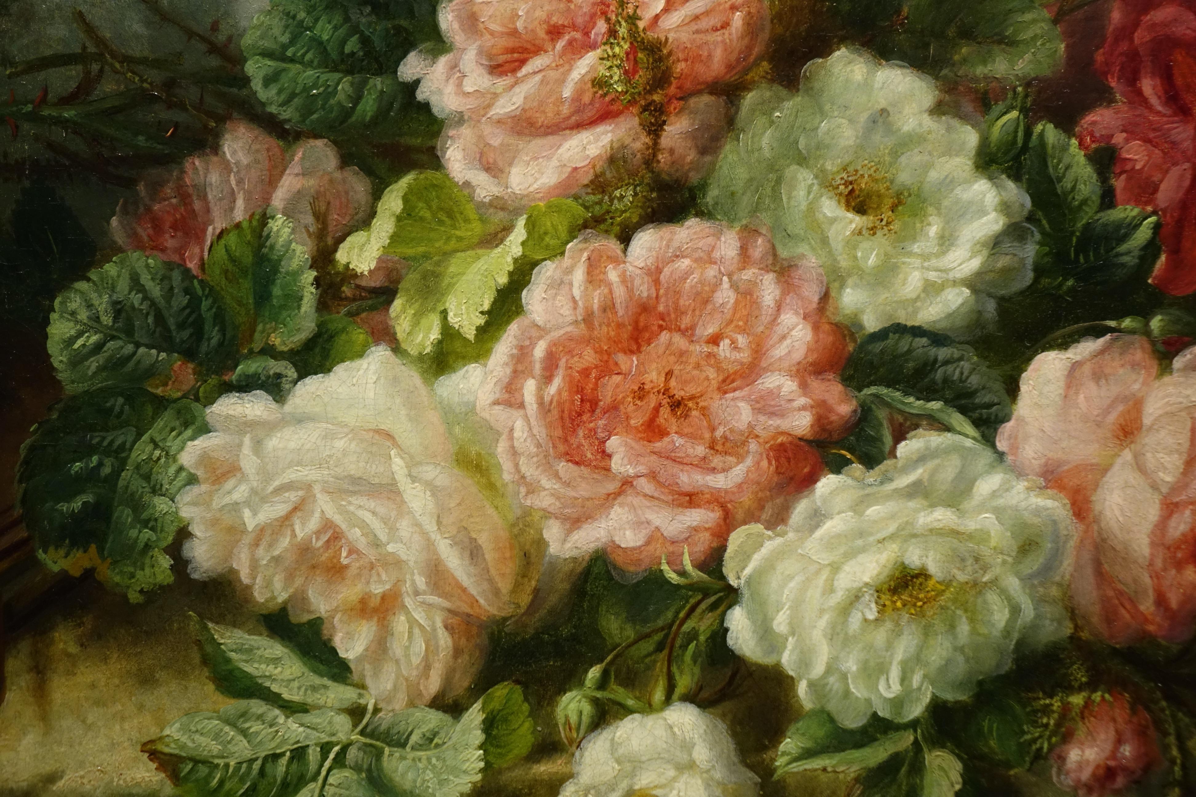 Peint à la main Bouquet de roses sur un entablement ,  Marie Louveau, 1880, France
