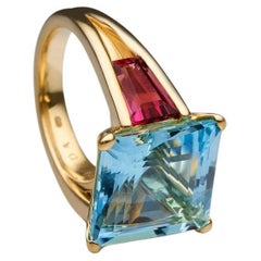 BUNDA 11.05ct Aquamarine and 2.95cts Tourmalines Ring in 18k yellow gold