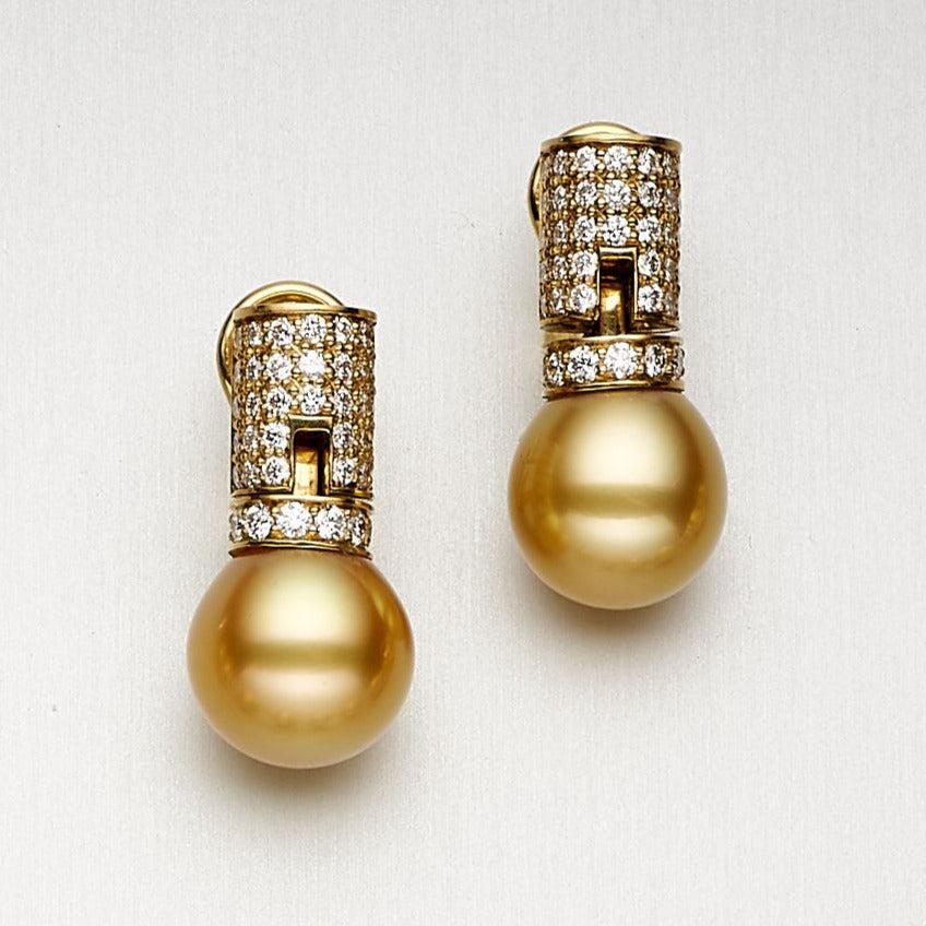 BUNDA Pendientes de perlas cultivadas doradas del mar del sur de 11,56-12,51 mm Oro amarillo de 18k Corte redondo en venta