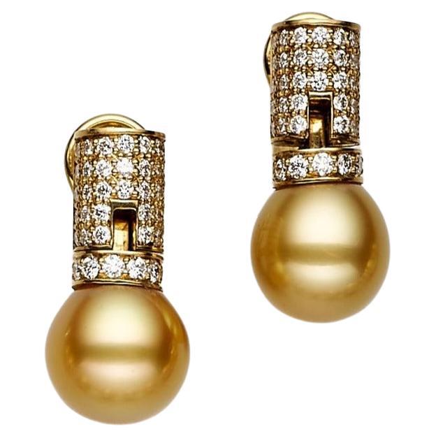 BUNDA Pendientes de perlas cultivadas doradas del mar del sur de 11,56-12,51 mm Oro amarillo de 18k en venta