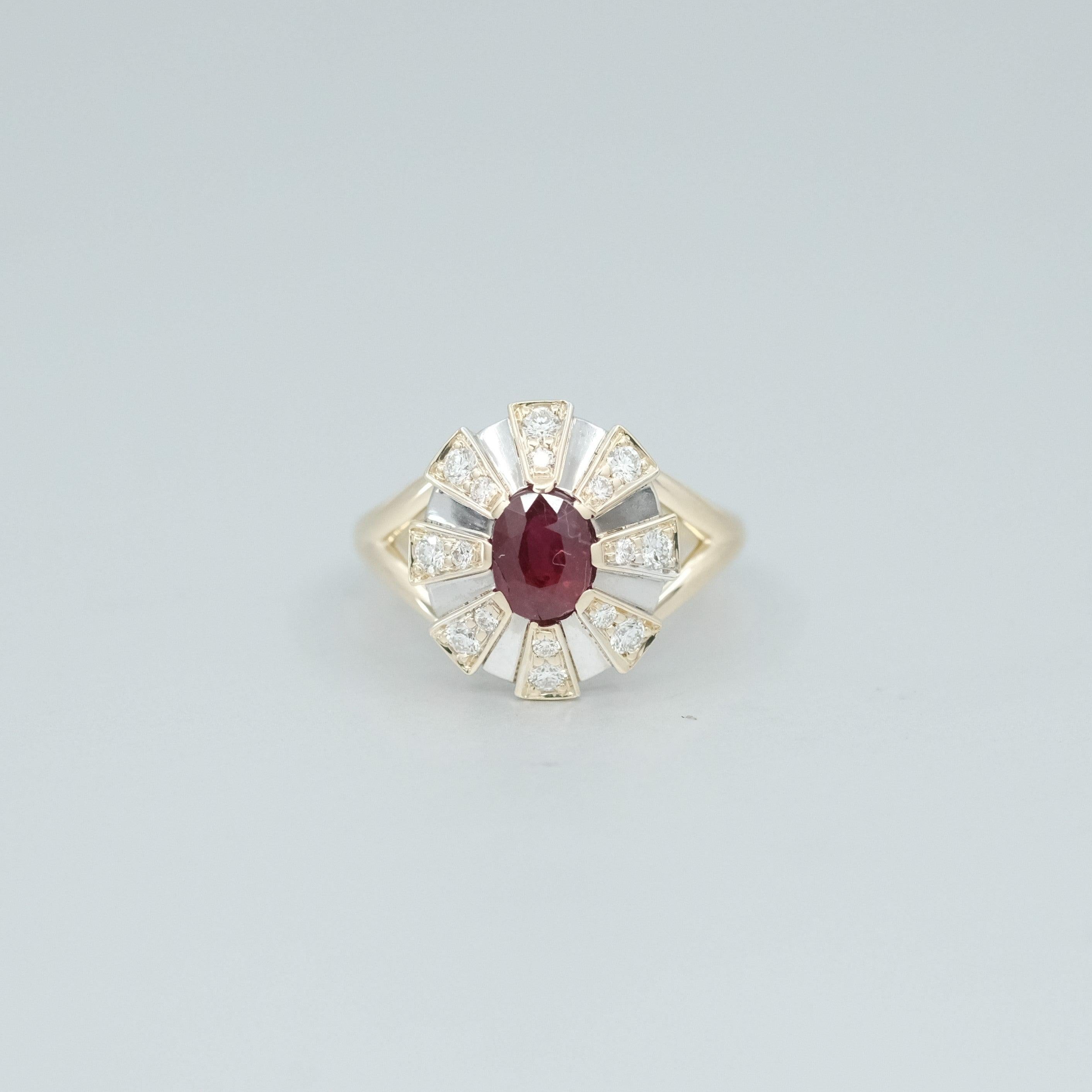Women's or Men's BUNDA 1.16ct Ruby and 0.30ct Diamond Ring in 18k yellow and white gold For Sale