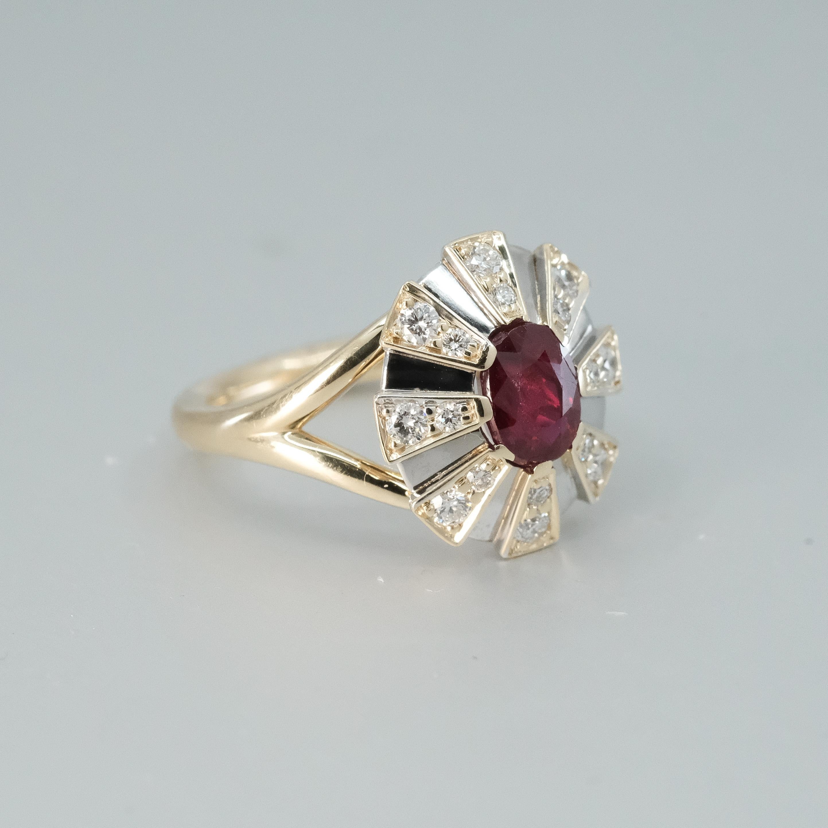Oval Cut BUNDA 1.16ct Ruby and 0.30ct Diamond Ring in 18k yellow and white gold For Sale