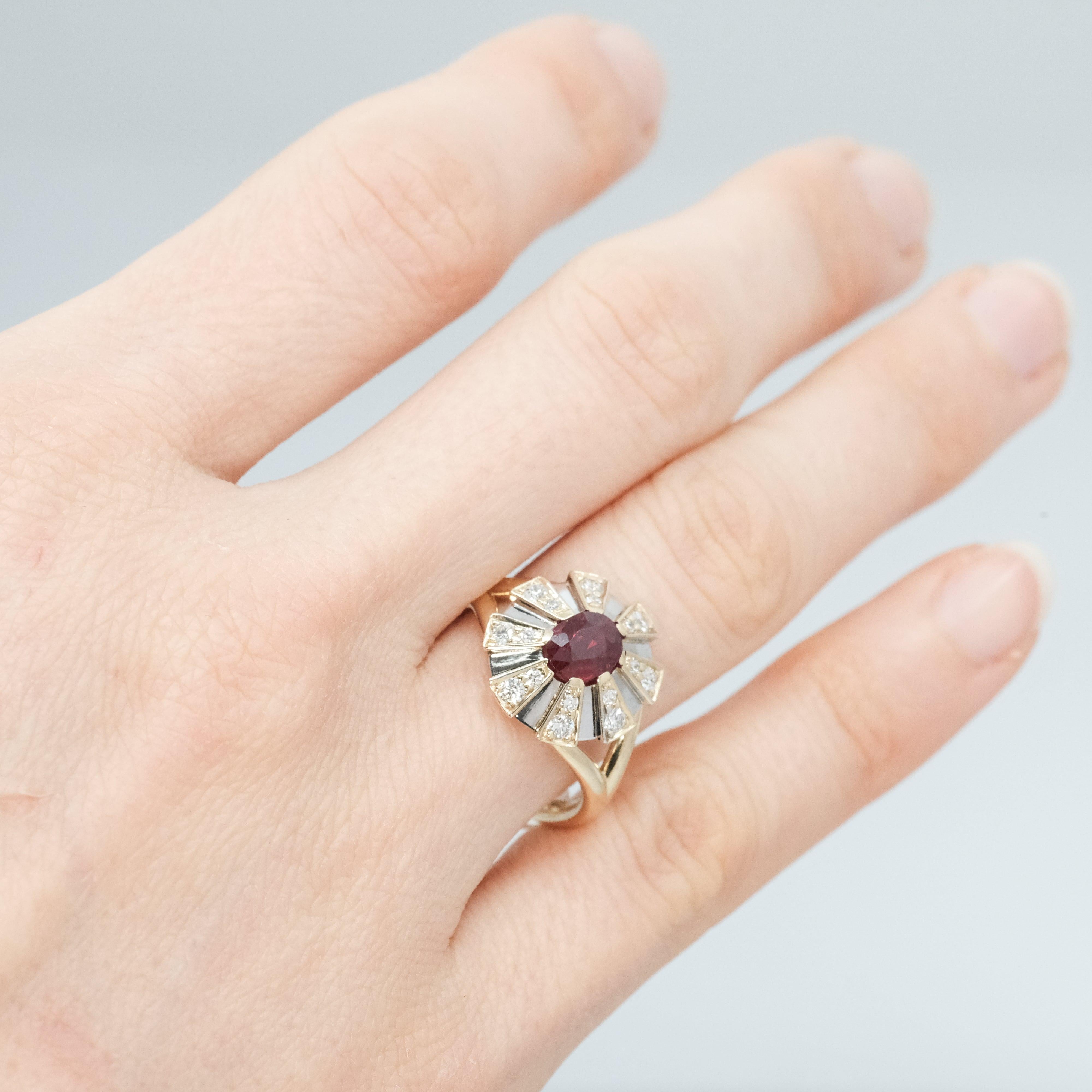 BUNDA 1.16ct Ruby and 0.30ct Diamond Ring in 18k yellow and white gold For Sale 4