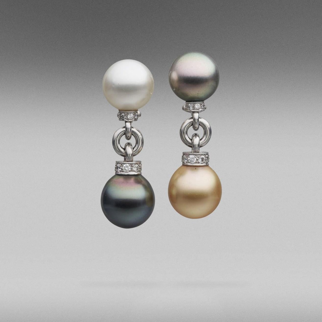Round Cut BUNDA 12-13mm Tahitian and Australian South Sea Pearl and Diamonds earrings For Sale